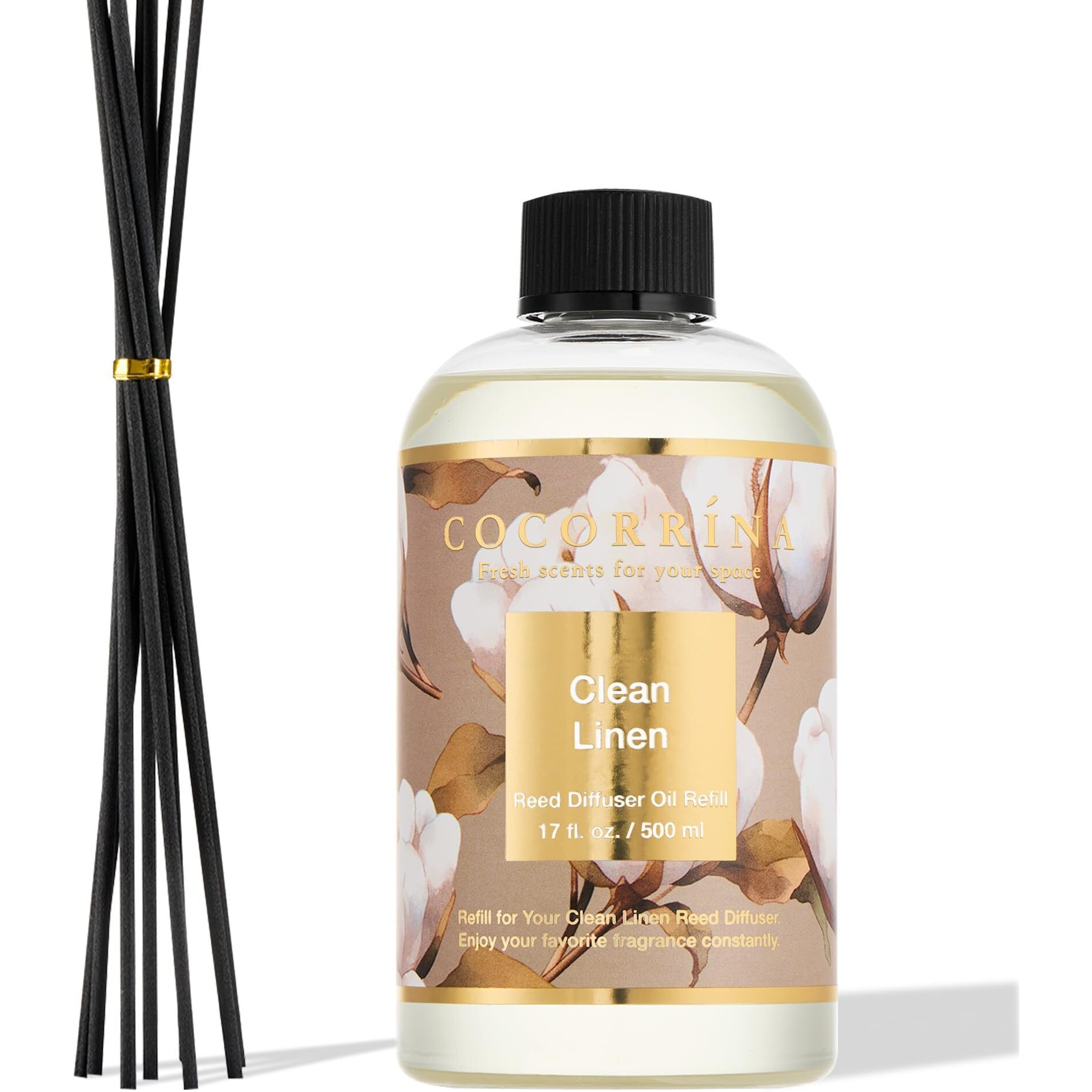Cocorr  Na Reed Diffuser Refill Clean Linen 17Oz (500Ml) With 8 Rattansticks - Premium Long-Lasting Essential Oil Air Freshener, Home Fragrance For Bedroom, Bathroom Home Decor