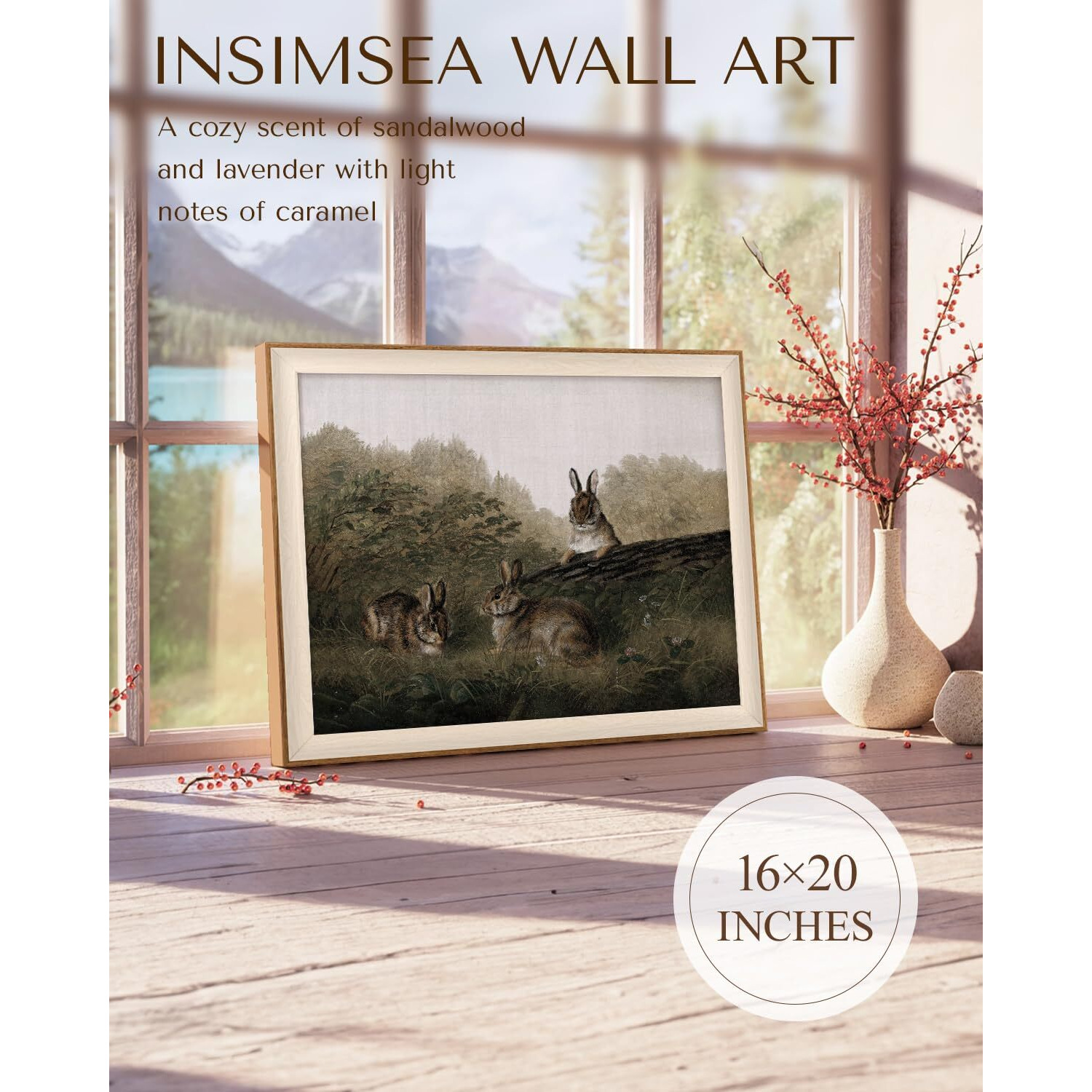 Insimsea Framed Canvas Wall Art Of Rabbit Animal - Vintage Easter Bunny Room Decor, Aesthetic Wall Art Home Decor Oil Painting For Living Room Bedroom Botanical Landscape Farmhouse Wall Decor 16X20In