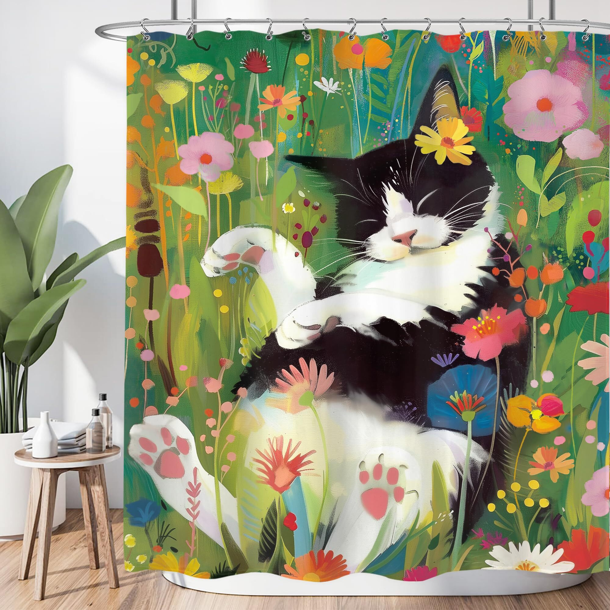 Lightinhome Vintage Cat Shower Curtain 60Wx72H Inches Cute Flower Green Leaf Oil Painting Floral Wildflower Botanic For Girls Women Cloth Fabric Waterproof Polyester Bathroom Home Decor Set With Hooks