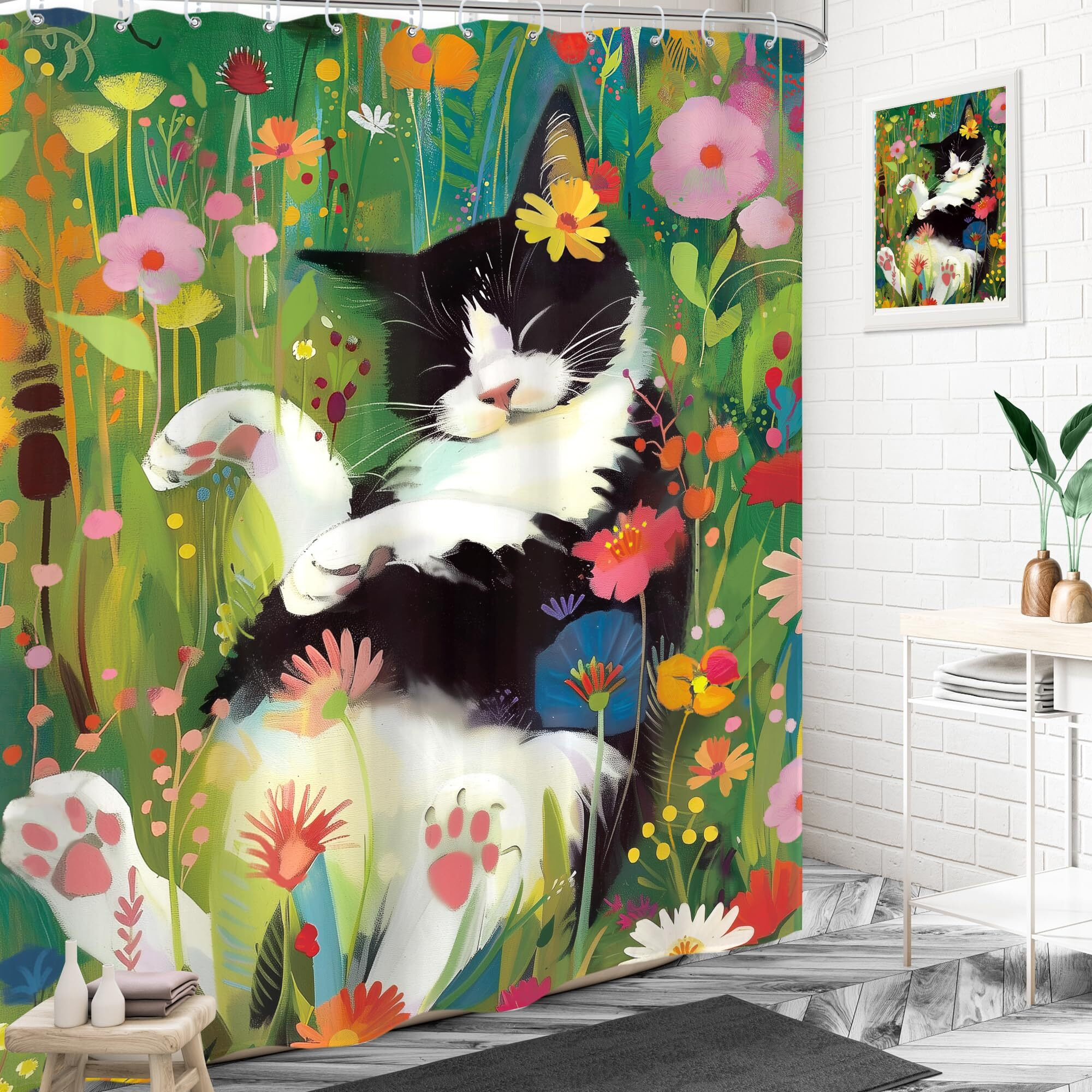 Lightinhome Vintage Cat Shower Curtain 60Wx72H Inches Cute Flower Green Leaf Oil Painting Floral Wildflower Botanic For Girls Women Cloth Fabric Waterproof Polyester Bathroom Home Decor Set With Hooks