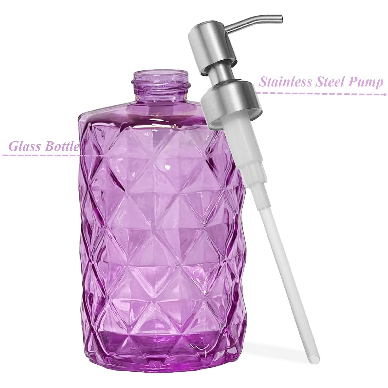 12Oz Purple Glass Soap Dispenser With Stainless Steel Pump, Refillable Kitchen Liquid Hand Soap Dispenser With Diamond Design, For Dispense Hand Soap, Dish Soap, Lotion, Bathroom, Countertop, Hotel