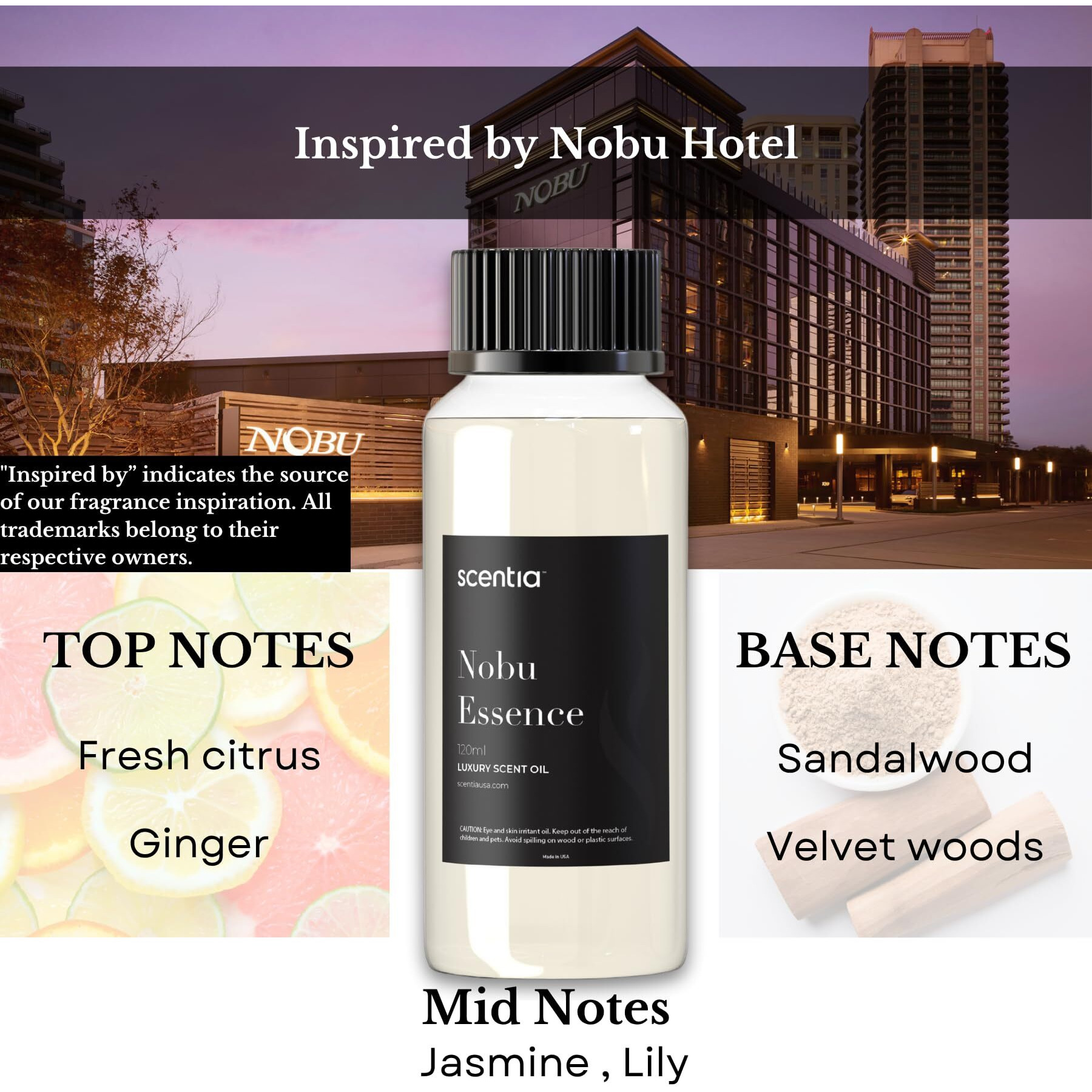 Scentia Hotel Diffuser Oil Inspired By The Nobu Hotel - 120 Ml 4.06 Fl Oz - Essential Oil Blend Jasmine, Lilly, Sandalwood & Fresh Citrus For Aromatherapy Diffusers - Nobu Essence