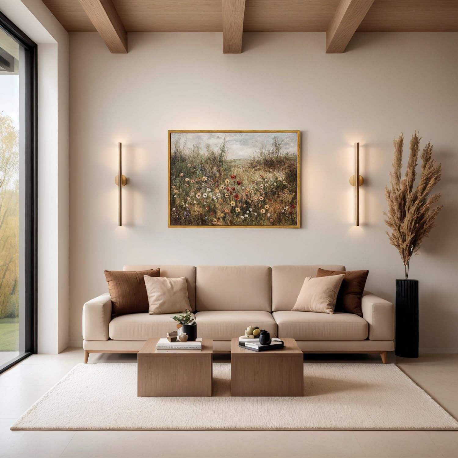 Oiqartoiq Vintage Wildflowers Landscape Wall Art Framed Floral Natural Scenery Oil Painting Canvas Prints Country Farmhouse Fall Decor Pictures Kitchen Bedroom Living Room Bathroom