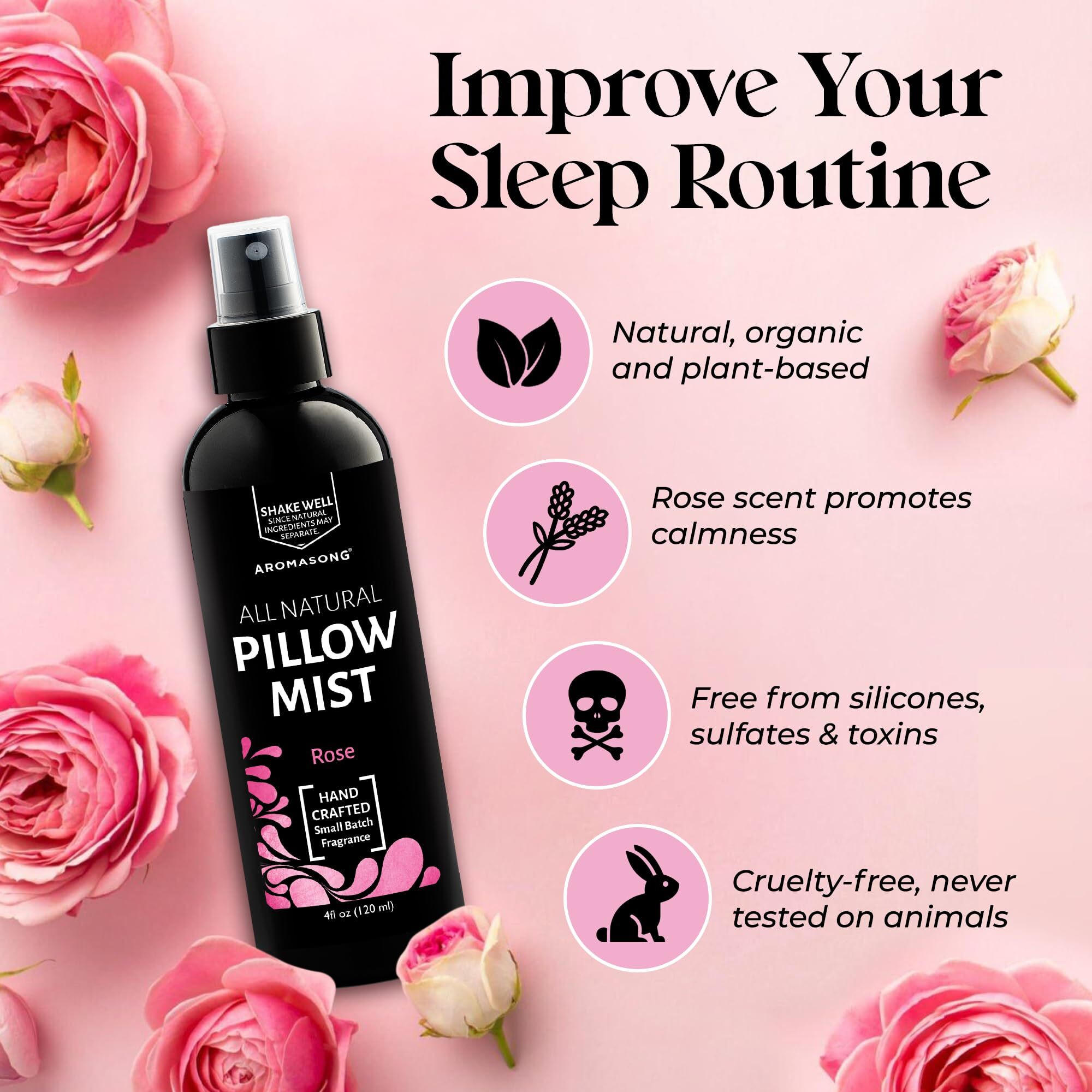 Aromasong Rose Pillow Spray For Sleeping - All Natural Calming Linen & Bedtime Sleep Mist For Deep Sleep - Pillow Spray Aromatherapy With Botanical Essential Oils For Relaxing Stress