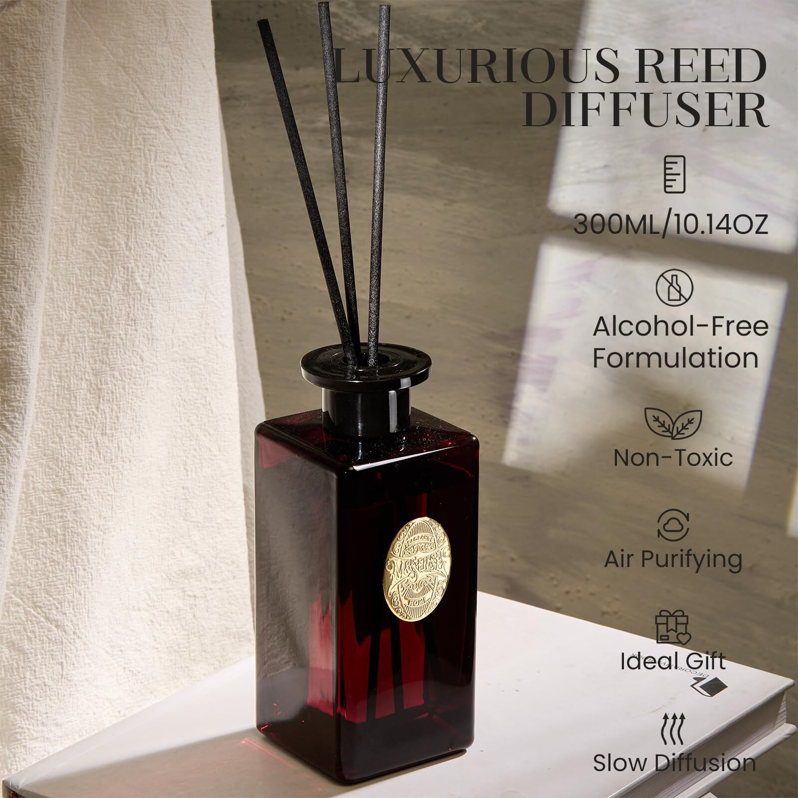M&Sense 10.14 Oz Large Reed Diffuser Set | Red Camelia Scent Home Oil Diffuser With Sticks |Hotel Collection Non-Toxic Essential Oil |For Bedroom Bathroom Living Room