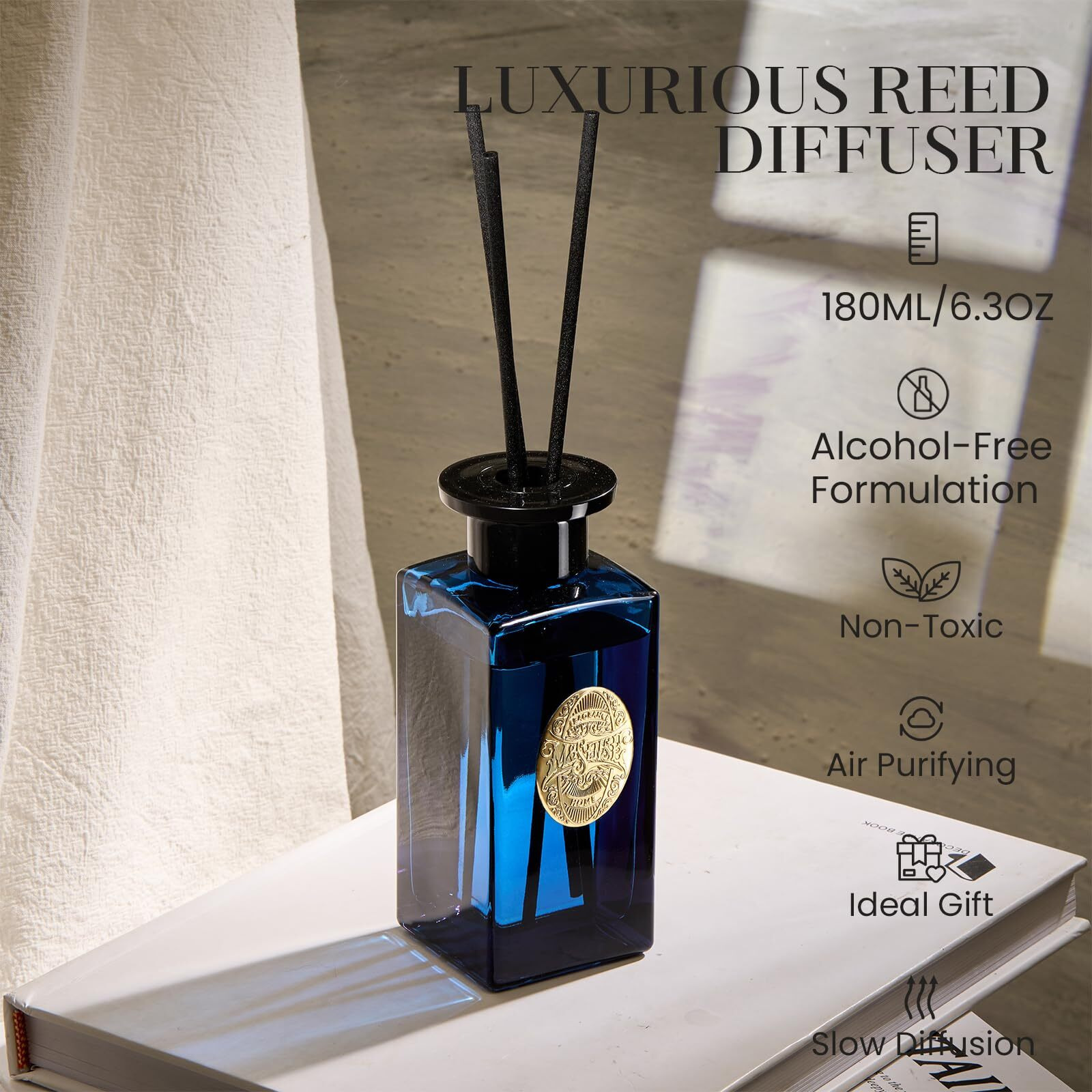 M&Sense 6.3 Oz Large Reed Diffuser Set | Ocean Escape Scent Oil Diffuser With Sticks | Hotel Collection Non-Toxic Essential Oil |For Bedroom Bathroom Living Room