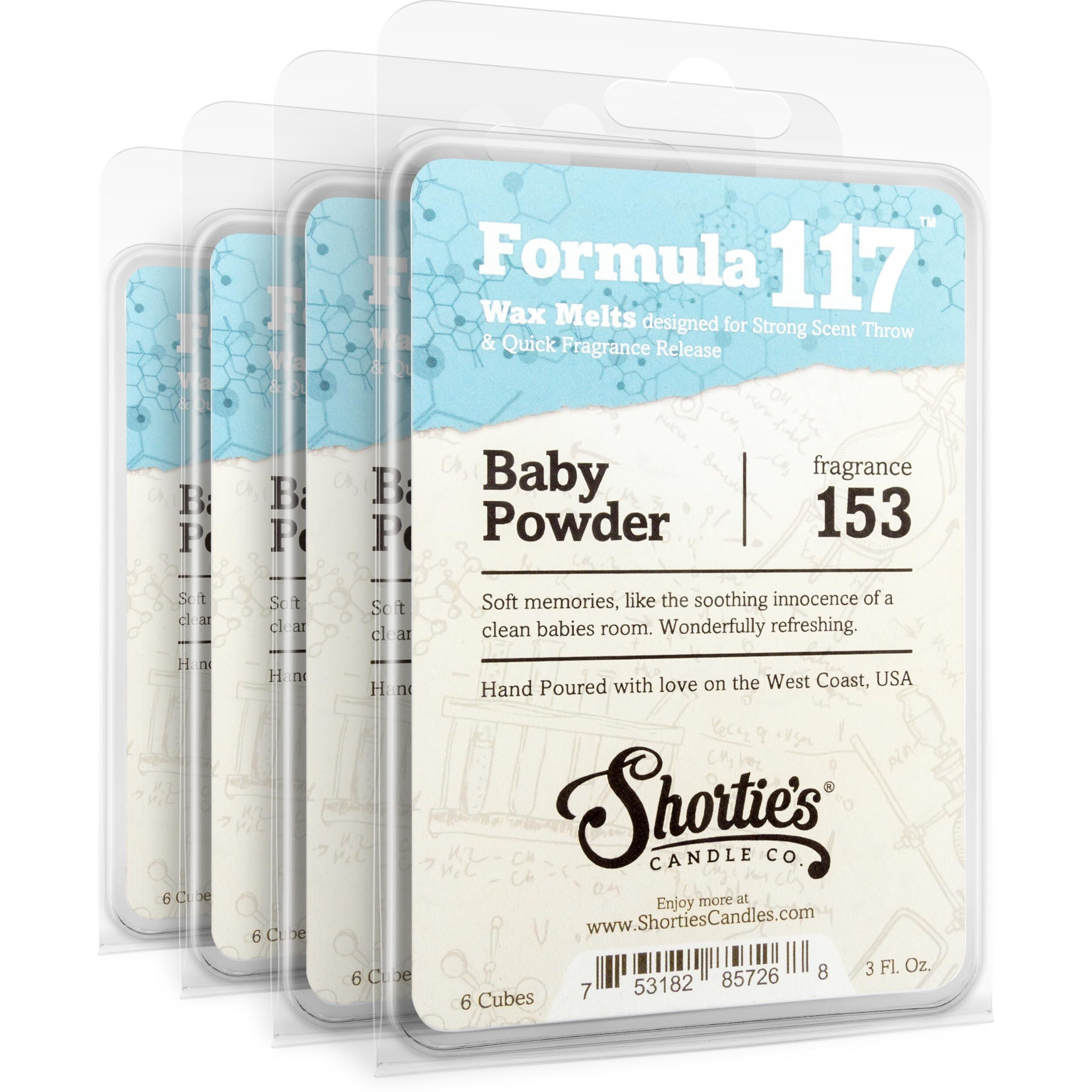 Shortie's Candle Company Baby Powder Wax Melts Bulk Pack - Formula 117-4 Highly Scented 3 Oz. Bars (12 Oz. Total) - Made With Natural Oils - Fresh & Clean Air Freshener Cubes Collection