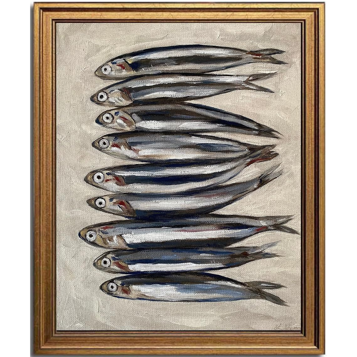 Kbkbart Gold Framed Vintage Sardine Still Life Farmhouse Decor Wall Art, Rustic Watercolor Oil Painting Kitchen Sign Canvas Art Prints For Kitchen, Dining Room, Living Room, Bedroom, 8"&quotX10""