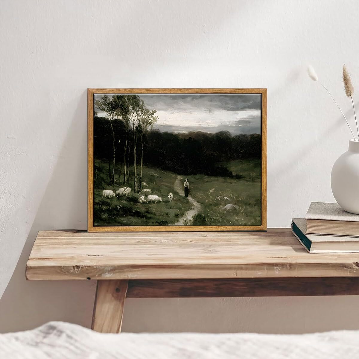 Oiqartoiq Framed Vintage Landscape Wall Art Shepherd Natural Scenery Oil Painting Canvas Prints Country Farmhouse Aesthetic Decor Pictures For Kitchen Bedroom Living Room Bathroom