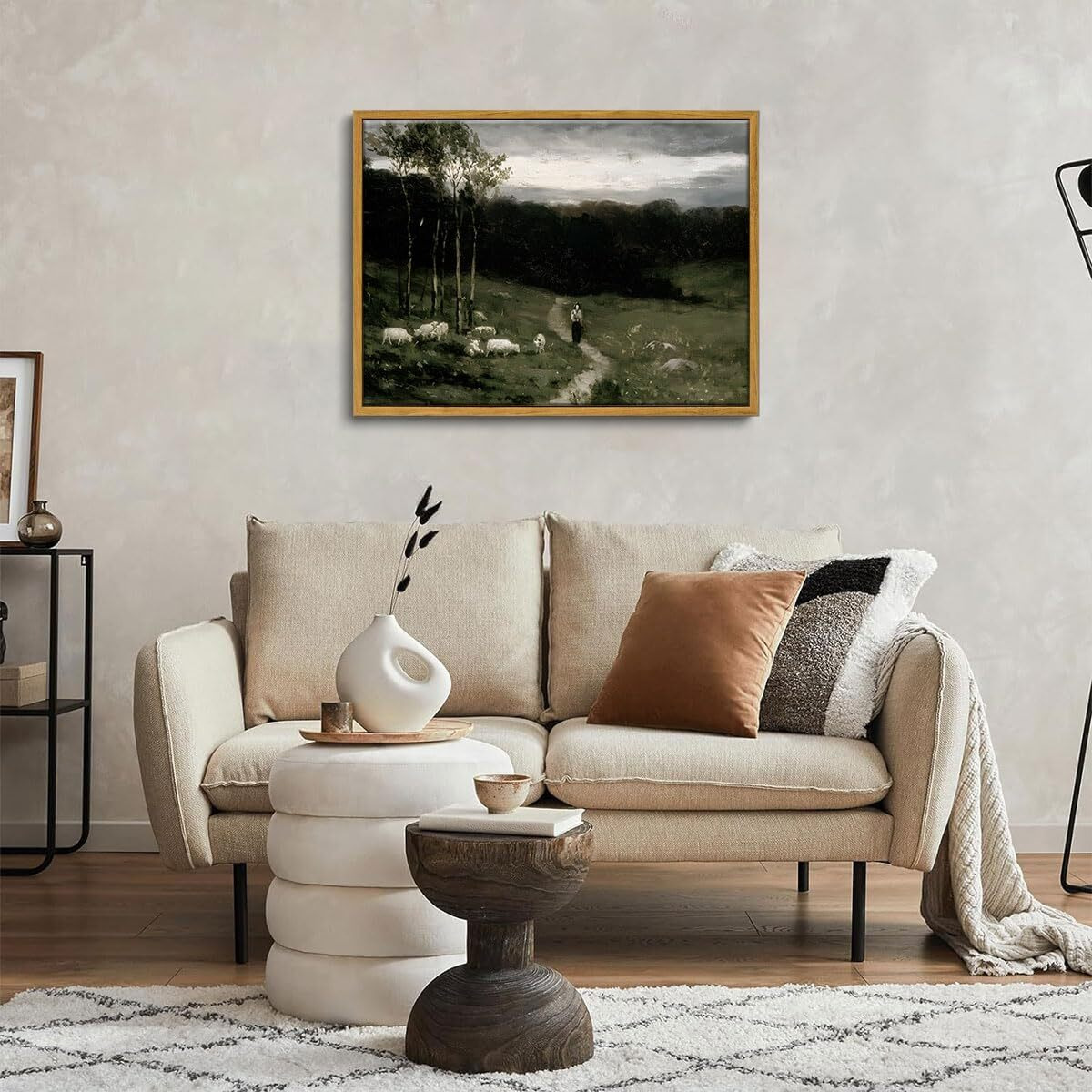 Oiqartoiq Framed Vintage Landscape Wall Art Shepherd Natural Scenery Oil Painting Canvas Prints Country Farmhouse Aesthetic Decor Pictures For Kitchen Bedroom Living Room Bathroom