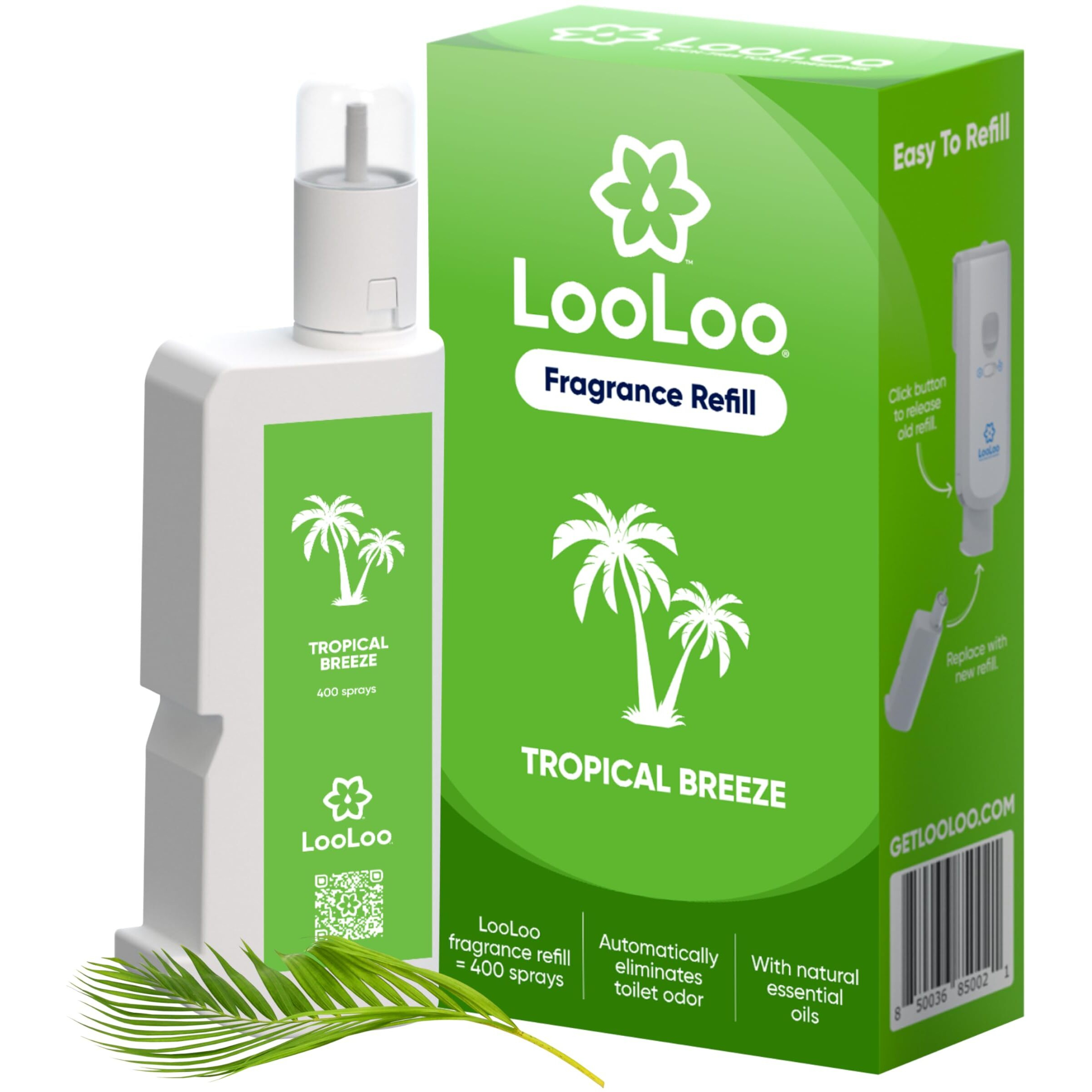 Looloo Touch-Free Toilet Freshener Fragrance Refills- Natural Essential Oils - Toilet Smell Eliminator, Bathroom Deodorizer, Air Freshener Spray For Bathroom - Tropical Breeze Fragrance 2.0 Fl Oz