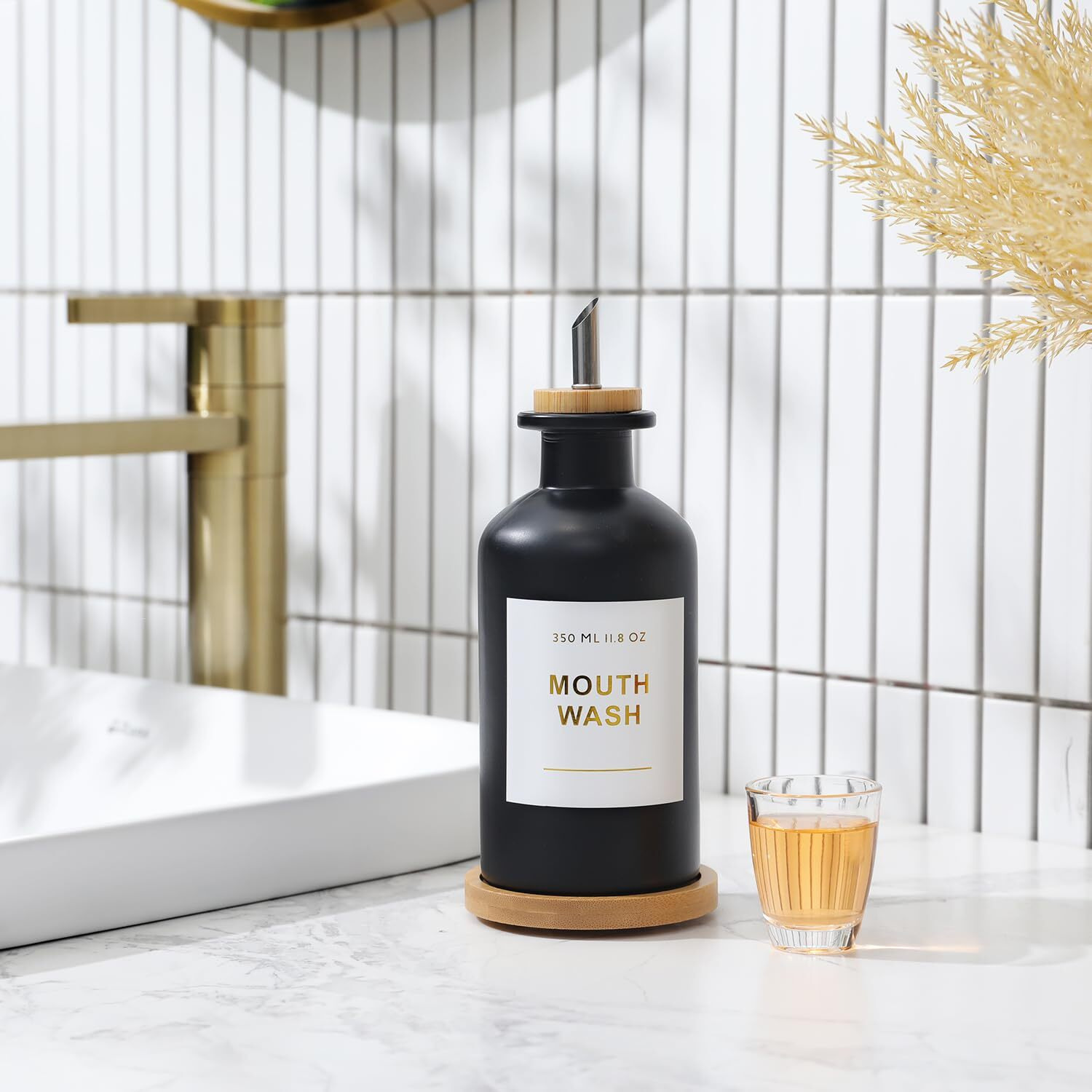 Bonlong 11.8Oz Glass Mouthwash Dispenser For Bathroom With Stainless Steel & Bamboo Nozzle, Mouthwash Cup Reusable, Bamboo Tray, And Elegant Gold Sticker.(Black)