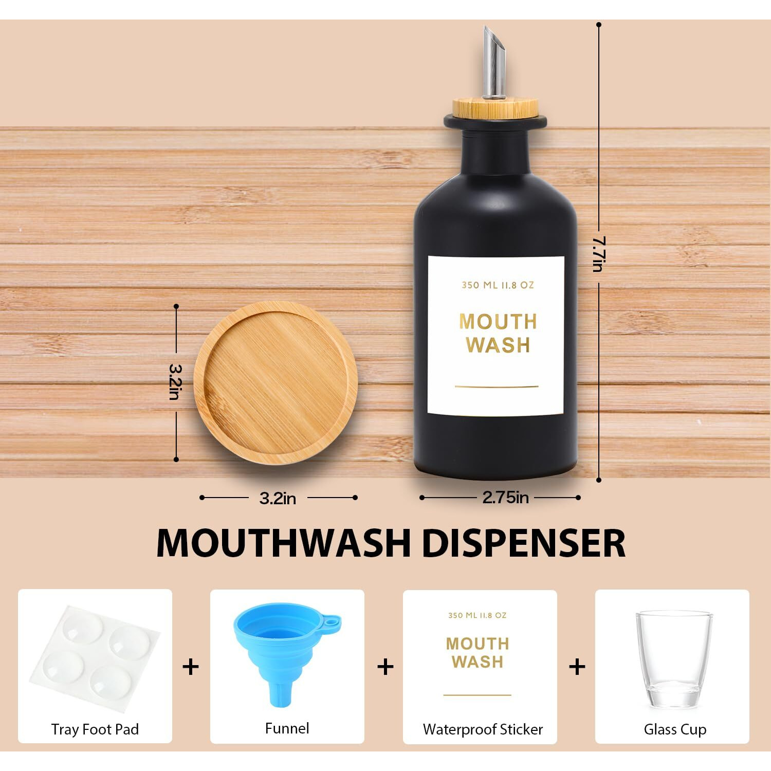 Bonlong 11.8Oz Glass Mouthwash Dispenser For Bathroom With Stainless Steel & Bamboo Nozzle, Mouthwash Cup Reusable, Bamboo Tray, And Elegant Gold Sticker.(Black)