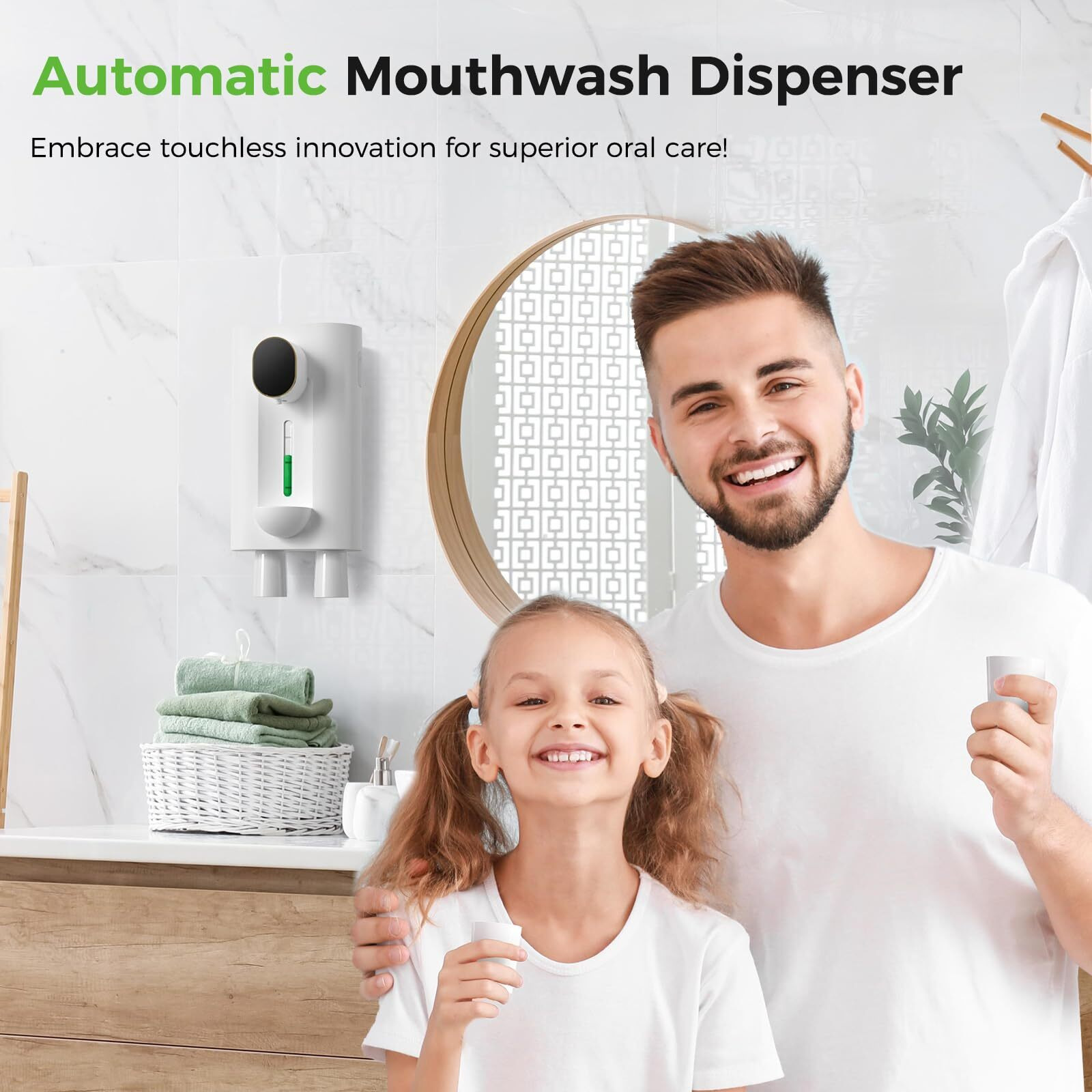 Automatic Mouthwash Dispenser 18.26 Oz Touchless Mouthwash Dispenser For Bathroom Magnetic Cup Usb Rechargeable And 3 Dispensing Levels With Led Screen Wall-Mounted Or Countertop Use-White 2Pack