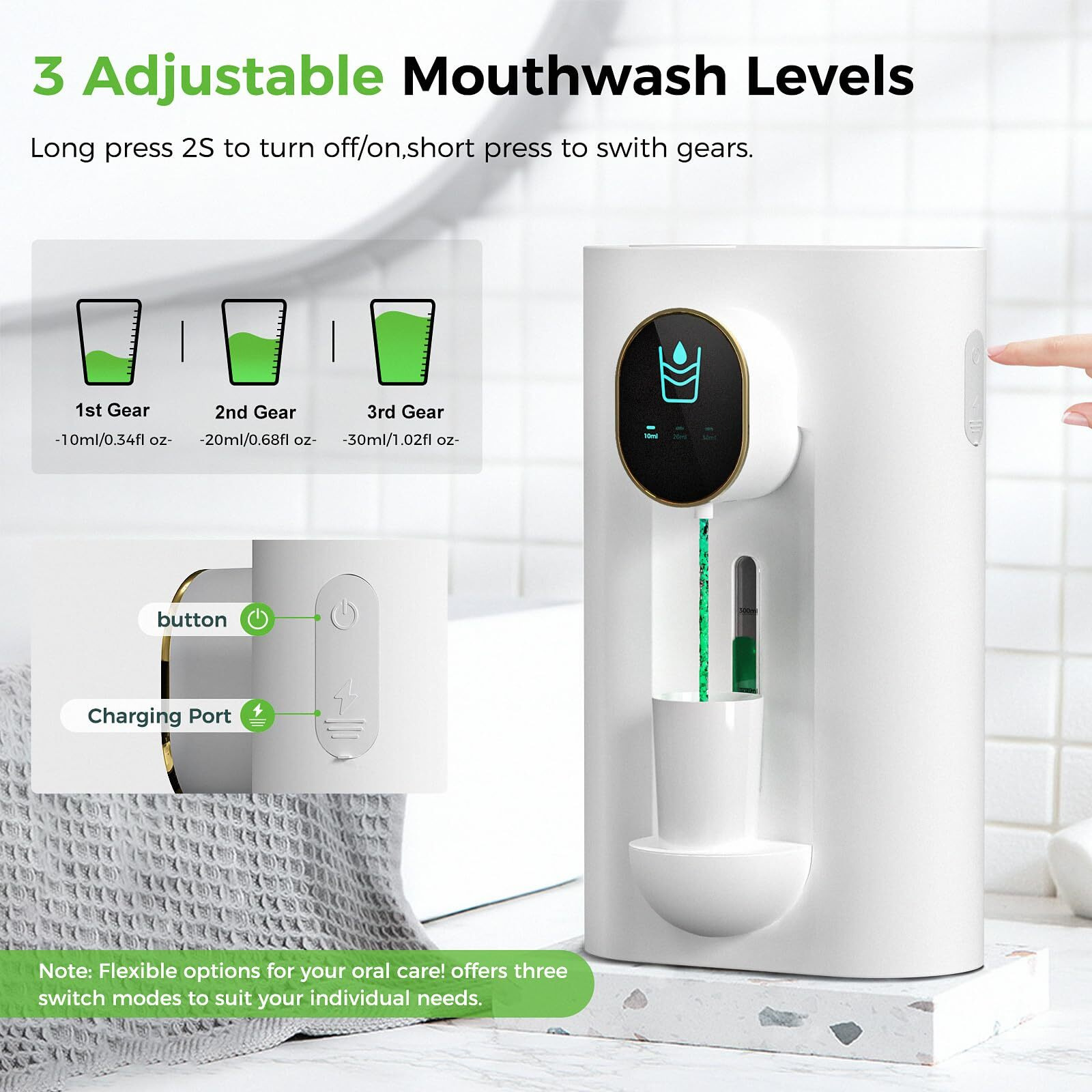 Automatic Mouthwash Dispenser 18.26 Oz Touchless Mouthwash Dispenser For Bathroom Magnetic Cup Usb Rechargeable And 3 Dispensing Levels With Led Screen Wall-Mounted Or Countertop Use-White 2Pack