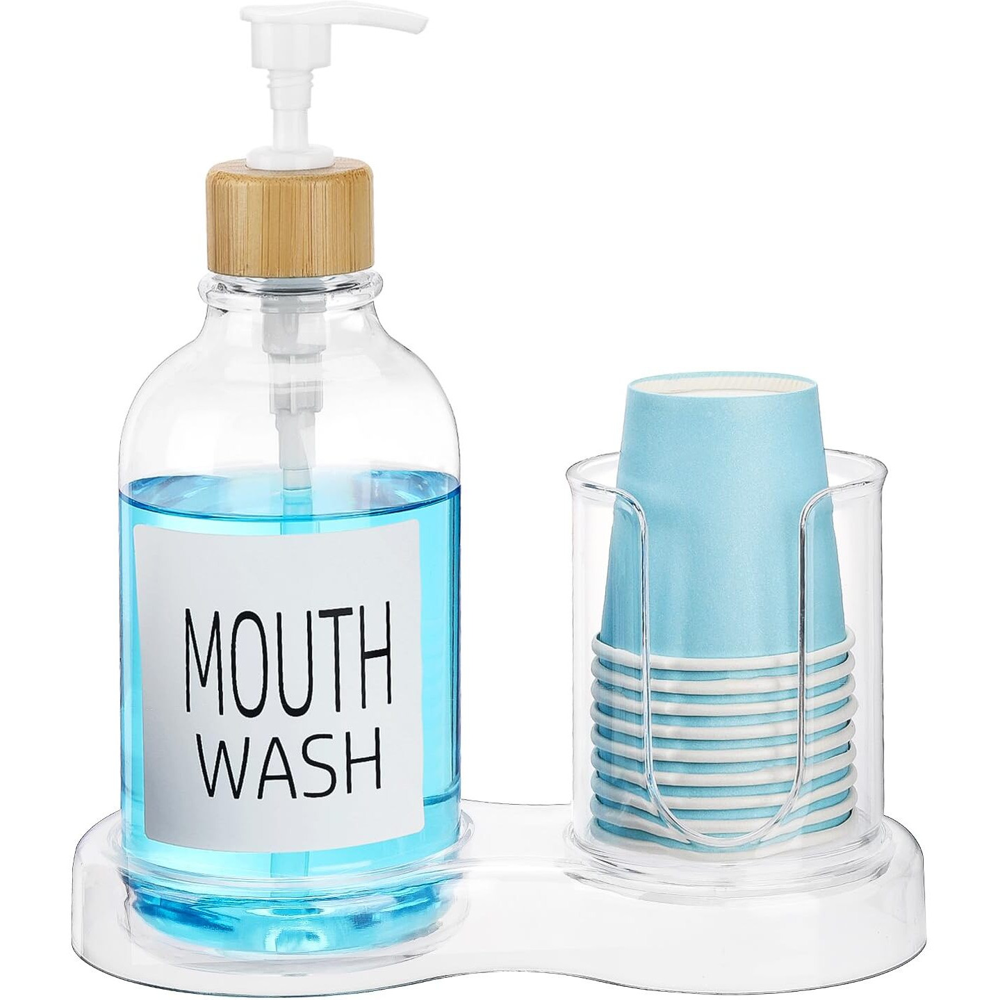 Mouthwash Dispenser For Bathroom, 16Oz Plastic Mouthwash Dispenser With Cup Holder And Tray Mouth Wash Bottle Container - Clear