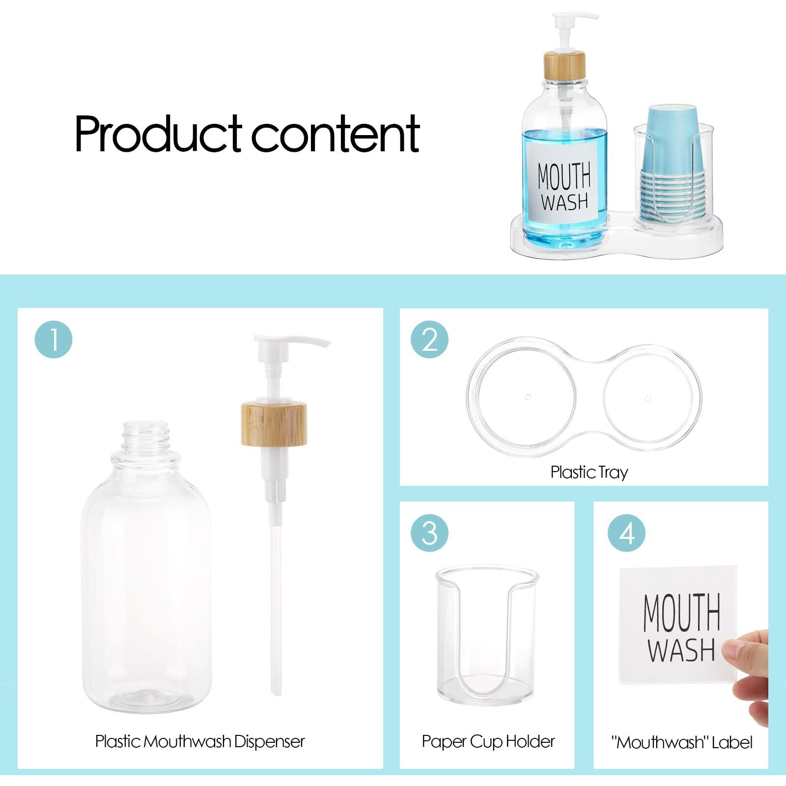 Mouthwash Dispenser For Bathroom, 16Oz Plastic Mouthwash Dispenser With Cup Holder And Tray Mouth Wash Bottle Container - Clear