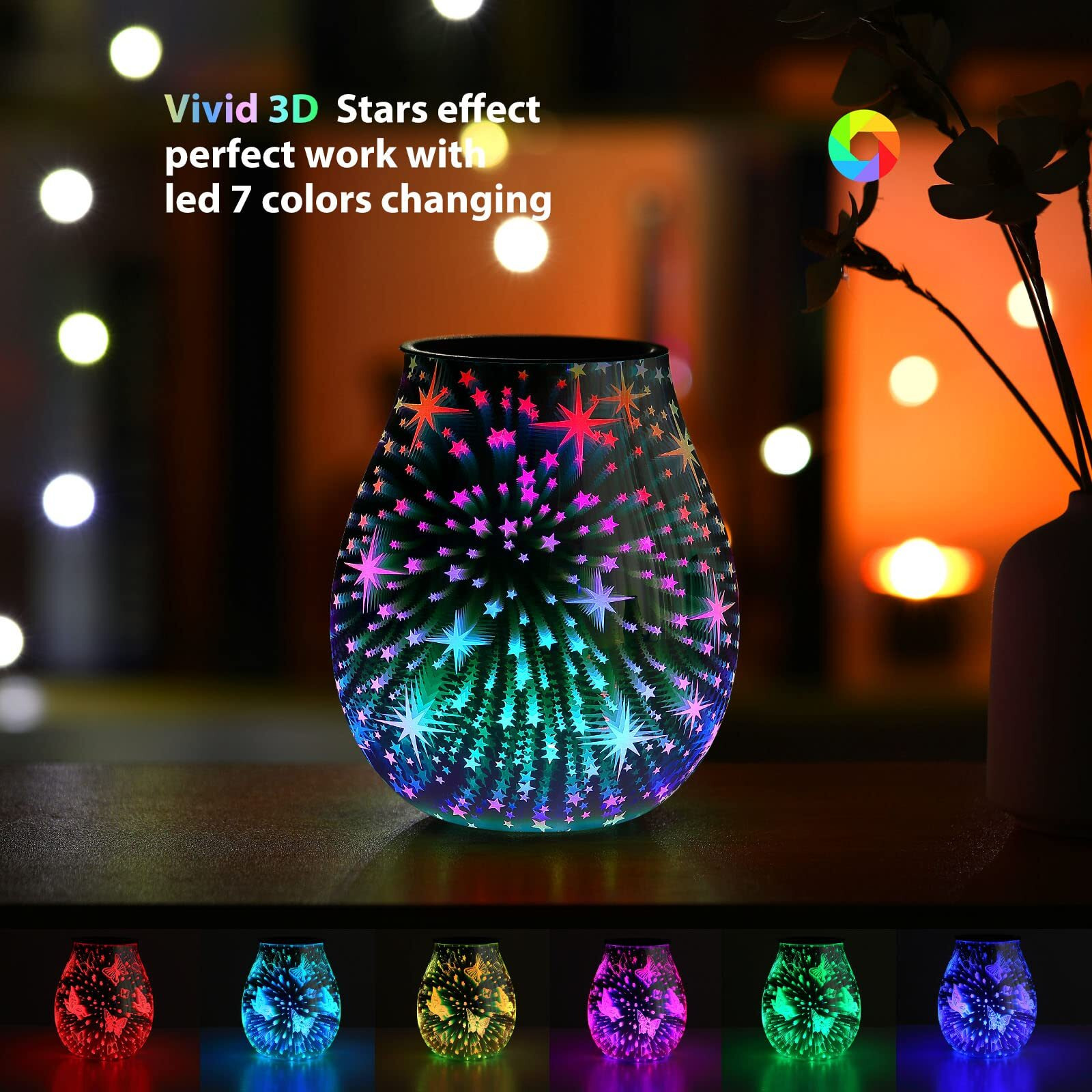 Inrorans Star Wax Warmer 3D Glass Electric Wax Burner Aroma Lamp With Stable Ptc Heating Flexible Silicone Tray 7 Colorful Led Light Fragrance Oil Warmer For Home Decor