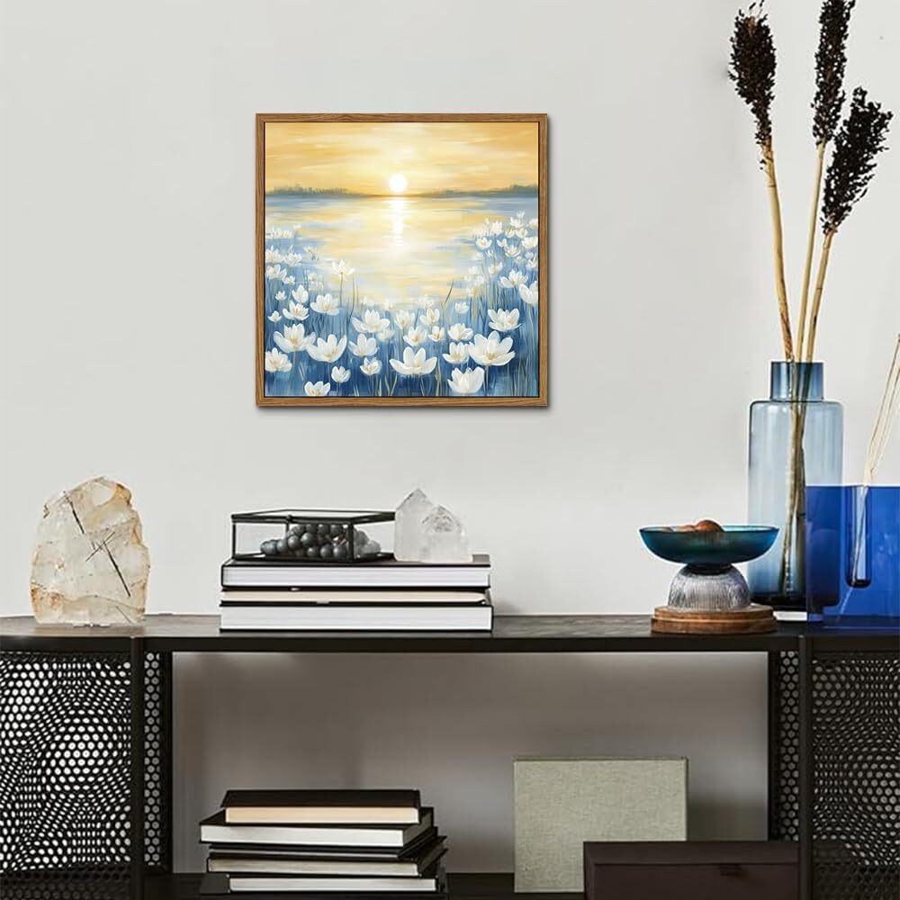 Artzio Bathroom Navy Blue Framed Wall Art, Floral Coast Oil Painting Wall Decor, Landscape Modern Nature Room Decor Painting, Living Room Home Print, 12X12 Inch, Canvas Ready To Hang