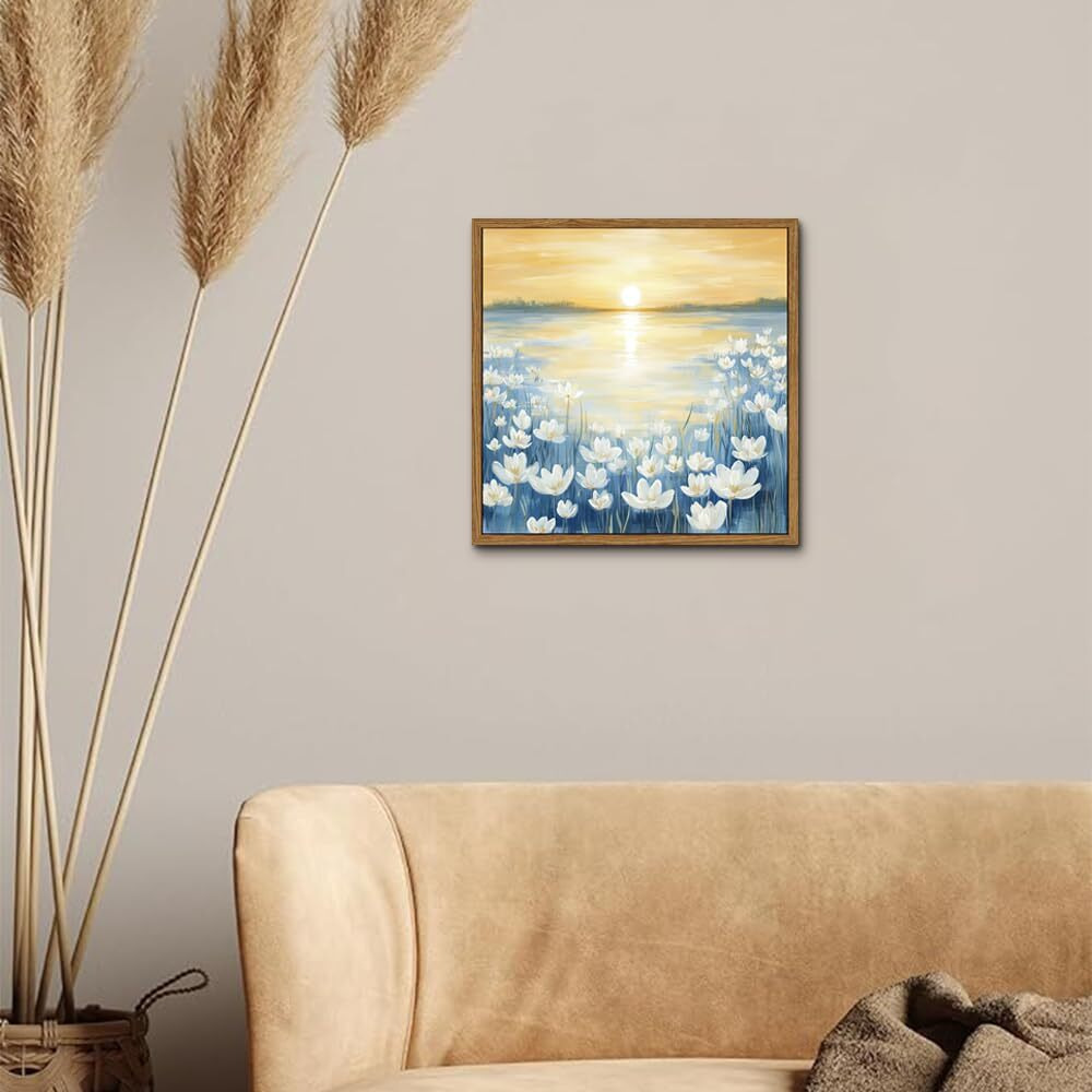 Artzio Bathroom Navy Blue Framed Wall Art, Floral Coast Oil Painting Wall Decor, Landscape Modern Nature Room Decor Painting, Living Room Home Print, 12X12 Inch, Canvas Ready To Hang