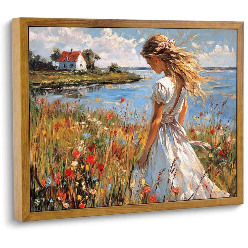 Artzio Vintage Floral Wall Art Canvas Painting With Frame - 8X10 Inch Girl Mural, Boho Landscape Oil For Living Room, Bedroom, Office - Housewarming Gift For Her, Birthday, Wedding