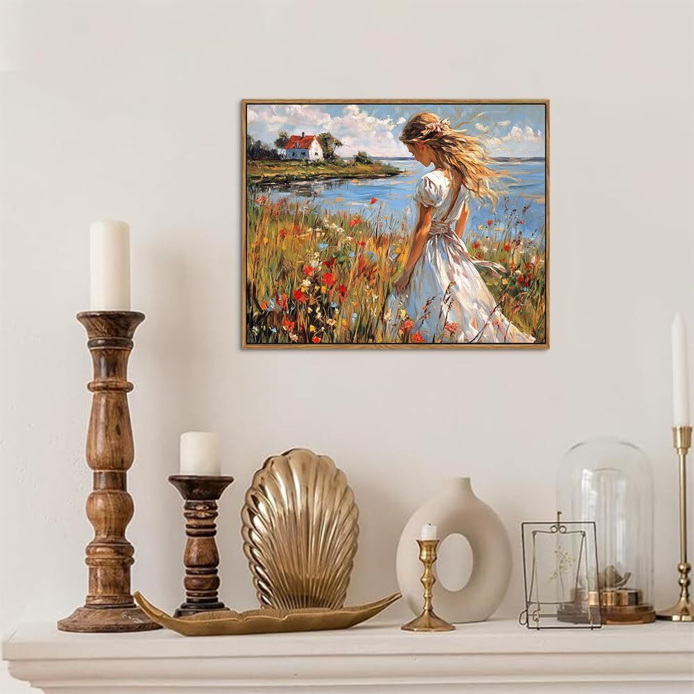Artzio Vintage Floral Wall Art Canvas Painting With Frame - 8X10 Inch Girl Mural, Boho Landscape Oil For Living Room, Bedroom, Office - Housewarming Gift For Her, Birthday, Wedding