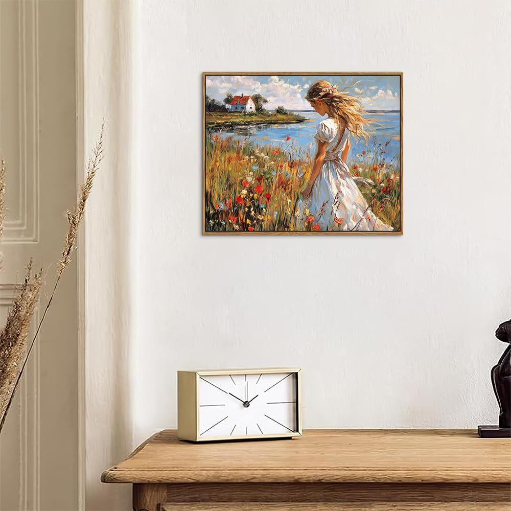 Artzio Vintage Floral Wall Art Canvas Painting With Frame - 8X10 Inch Girl Mural, Boho Landscape Oil For Living Room, Bedroom, Office - Housewarming Gift For Her, Birthday, Wedding