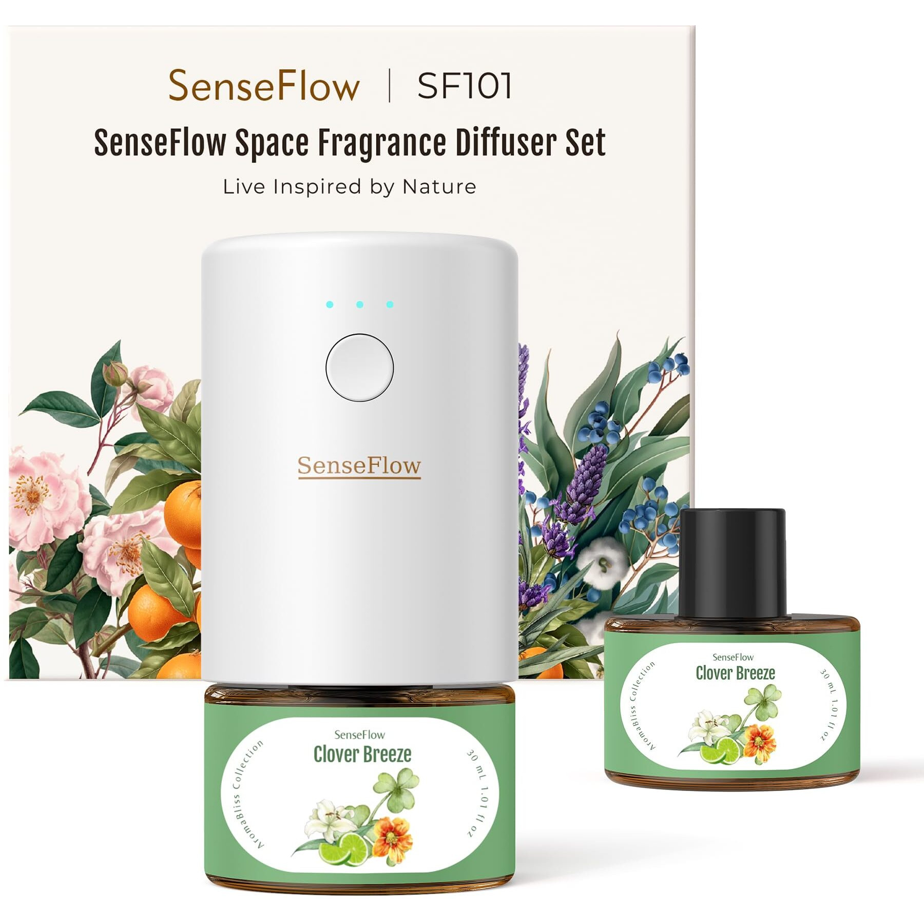 Senseflow Sf101 Waterless Ultrasonic Essential Oil Diffuser-100% Plant-Based,120-Day Natural Air Freshener & Aromatherapy Diffuser For Home,Hotel,Studio-Covers Up To 100-Clover Breeze