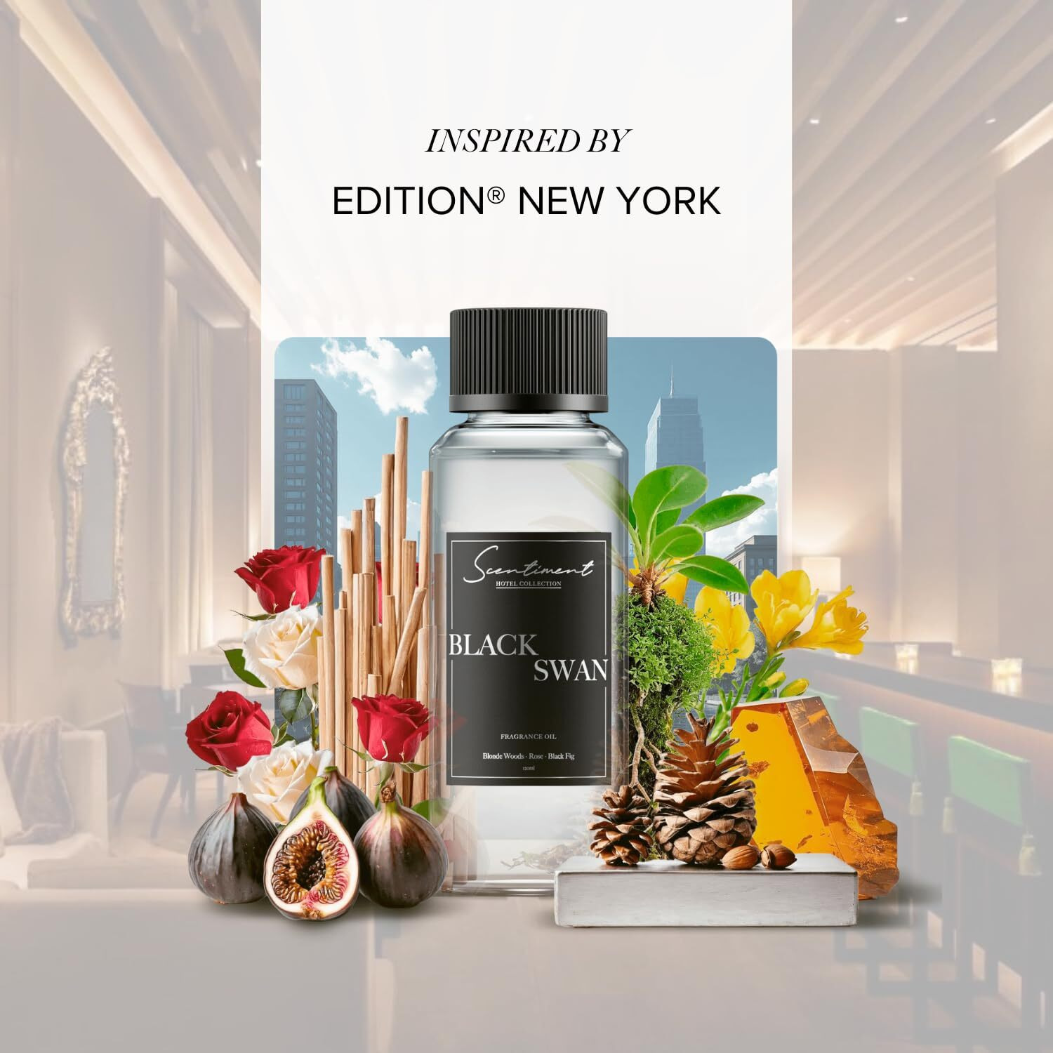 Scentiment - Black Swan Hotel Diffuser Oil | Aromatherapy Home Fragrance | Luxurious Scent With Notes Of Blonde Woods, Rose, Black Fig (120 Ml)