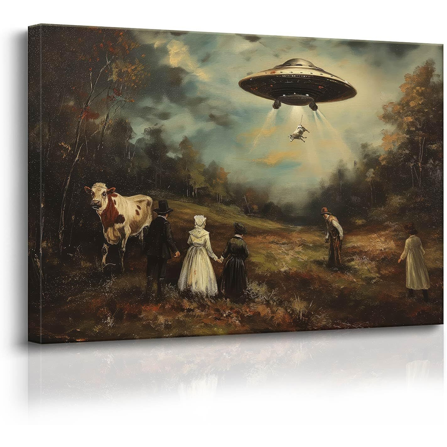 Godont Ufo And Victorian Landscape Oil Painting Art Print Psychedelic Spaceship Poster Painting Interesting Whimsical Alien Abduction Wall Decor 12X16 Inch Unframed
