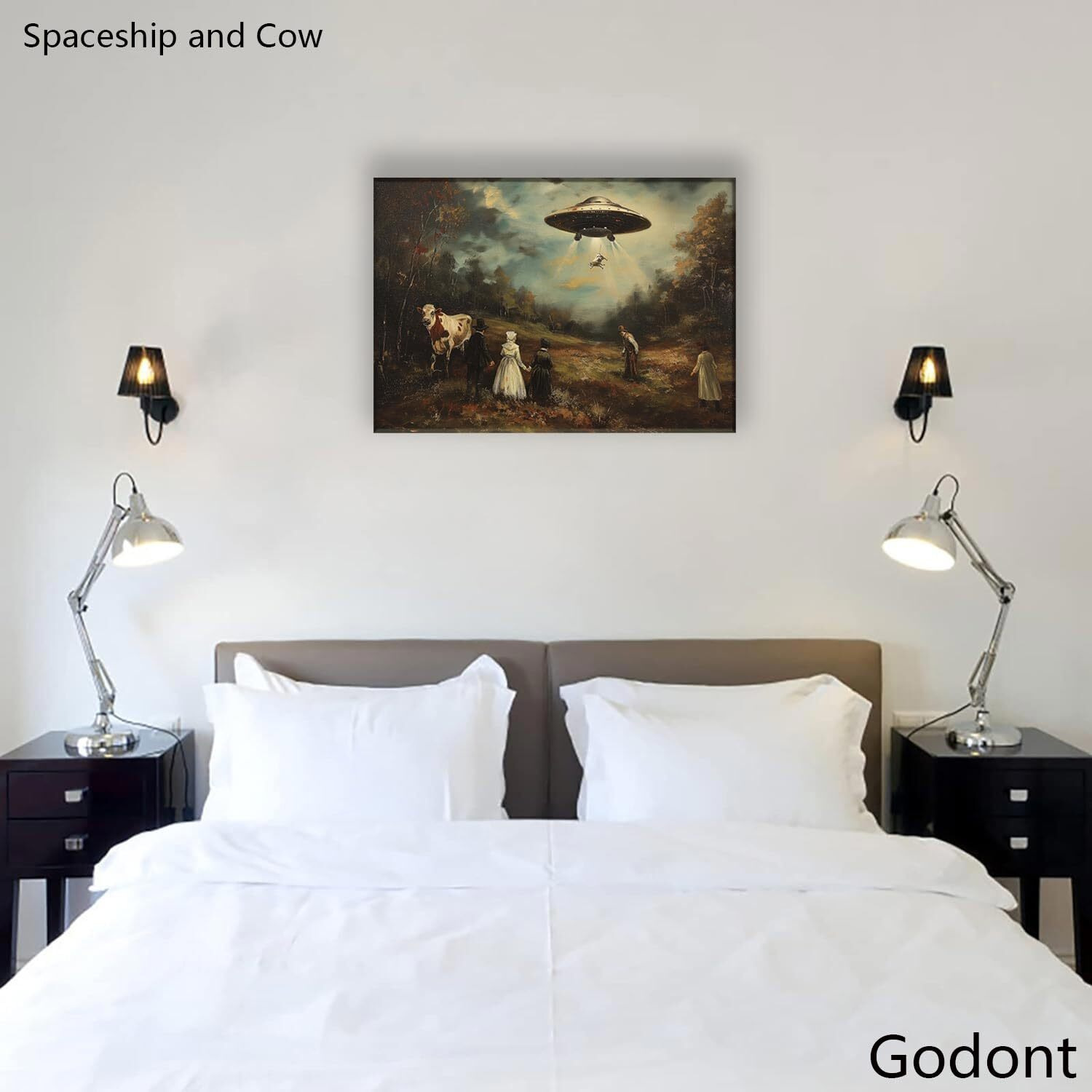 Godont Ufo And Victorian Landscape Oil Painting Art Print Psychedelic Spaceship Poster Painting Interesting Whimsical Alien Abduction Wall Decor 12X16 Inch Unframed