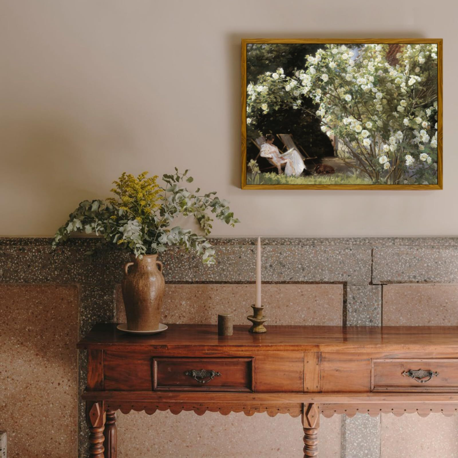 Crmotu Vintage Framed Wall Art, Garden Women Canvas Art Prints, Rose Floral Classical Oil Paintings, Green Landscape Rustic Farmhouse Wall Decor Living Room Bedroom Bathroom Aesthetic Pictures 12X16In