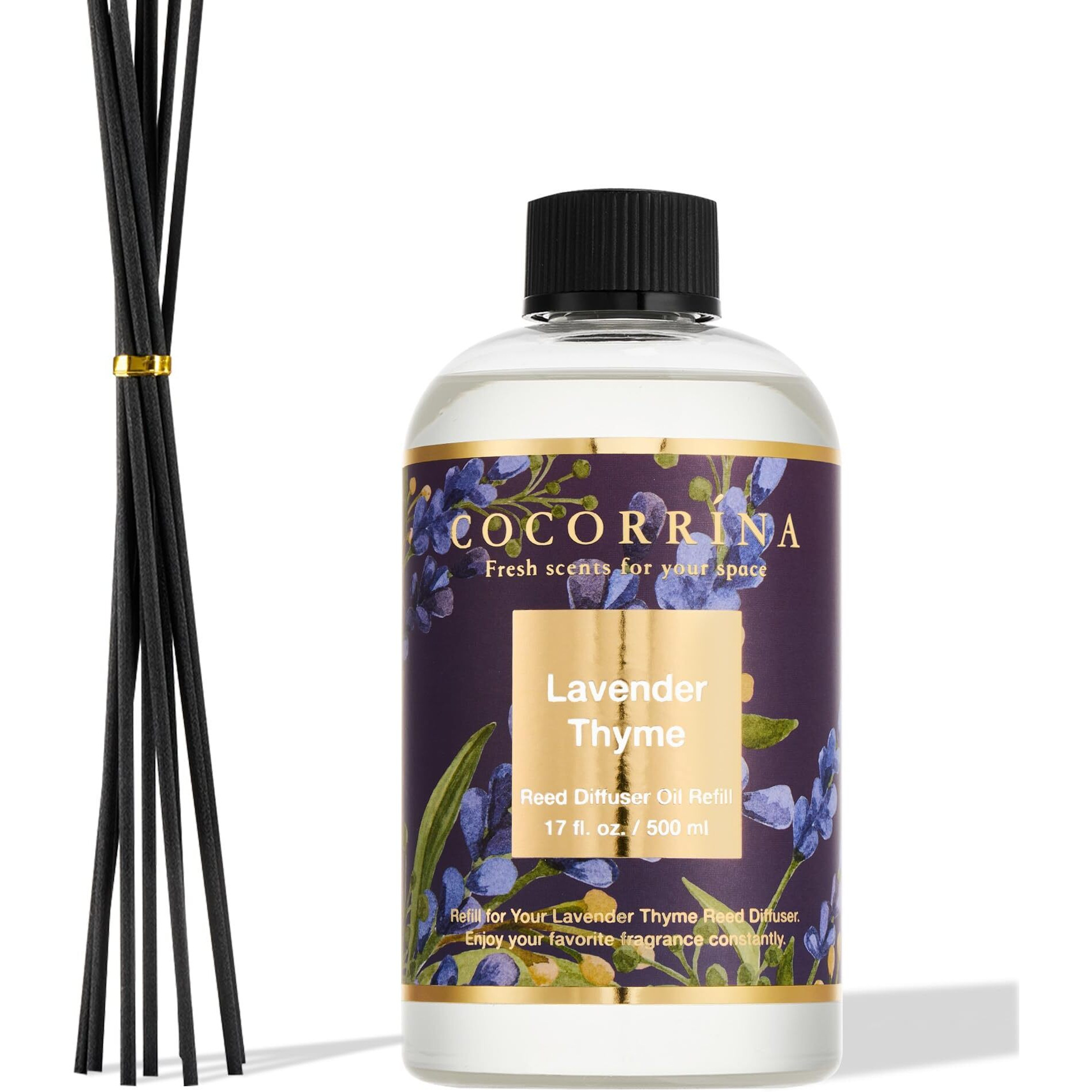 Cocorr  Na Reed Diffuser Oil Refill Lavender Thyme 17Oz (500Ml) With 8 Sticks - Premium Long-Lasting Essential Oil, Home Fragrance For Bedroom, Bathroom Home Decor