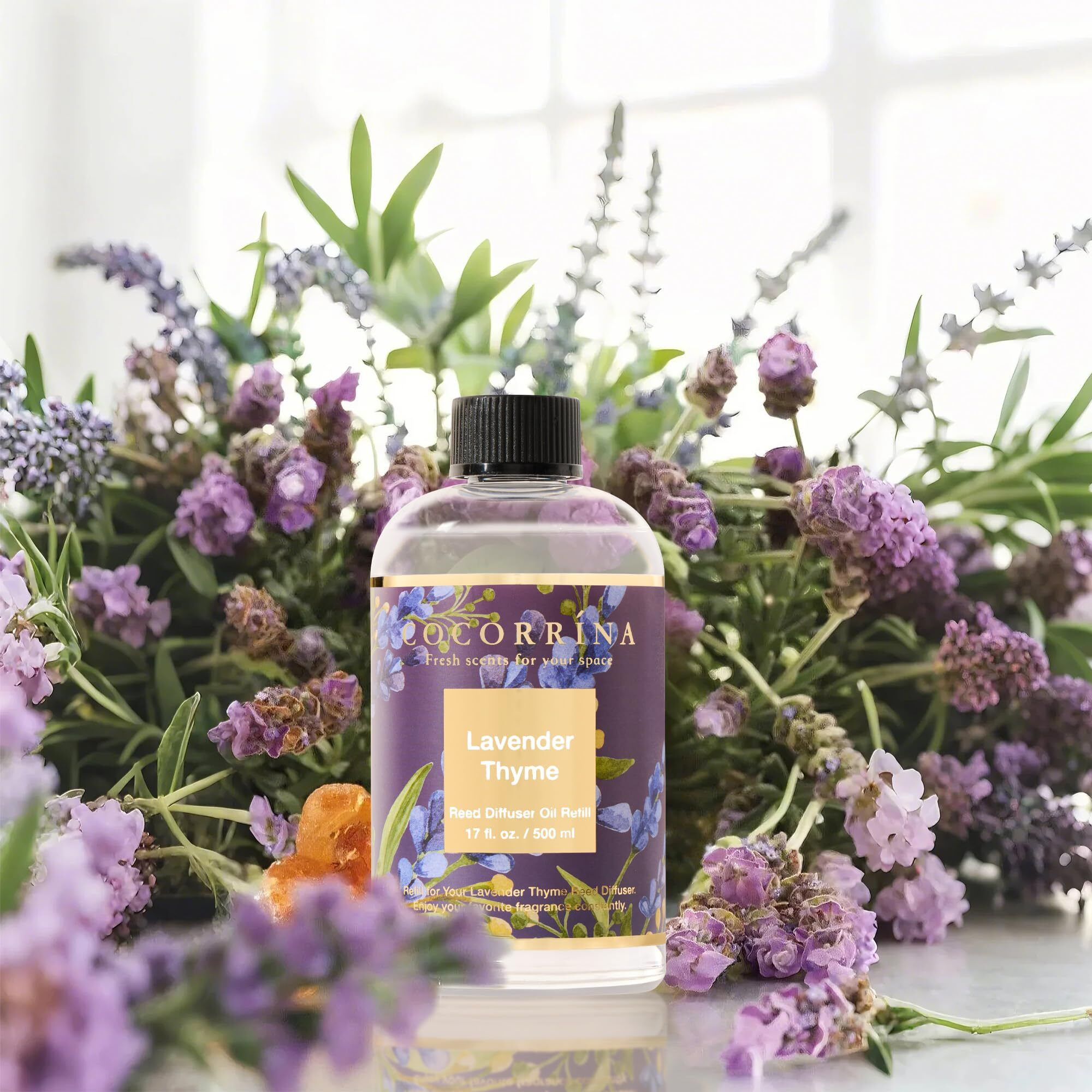 Cocorr  Na Reed Diffuser Oil Refill Lavender Thyme 17Oz (500Ml) With 8 Sticks - Premium Long-Lasting Essential Oil, Home Fragrance For Bedroom, Bathroom Home Decor