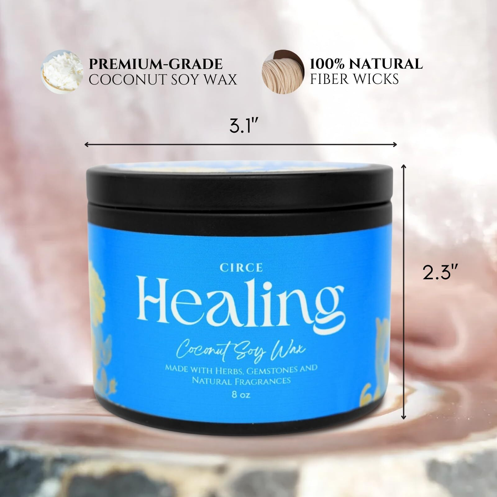 Circe Spell Candle Healing    Coconut Soy Wax Candle Jar - Premium Hand Poured & Long Burning - Herbs, Crystals & Natural Fragrance Oils- Emotional & Physical Renewal - Calming, Self Care, Gift- 8Oz