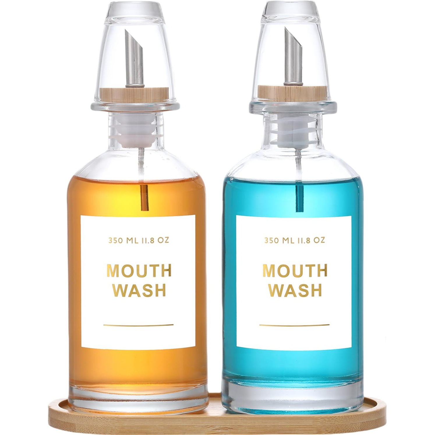 Bonlong 11.8Oz Glass Mouthwash Dispenser For Bathroom With Stainless Steel & Bamboo Nozzle, Mouthwash Cup Reusable, Bamboo Tray, And Elegant Gold Sticker.Set Of 2(Clear