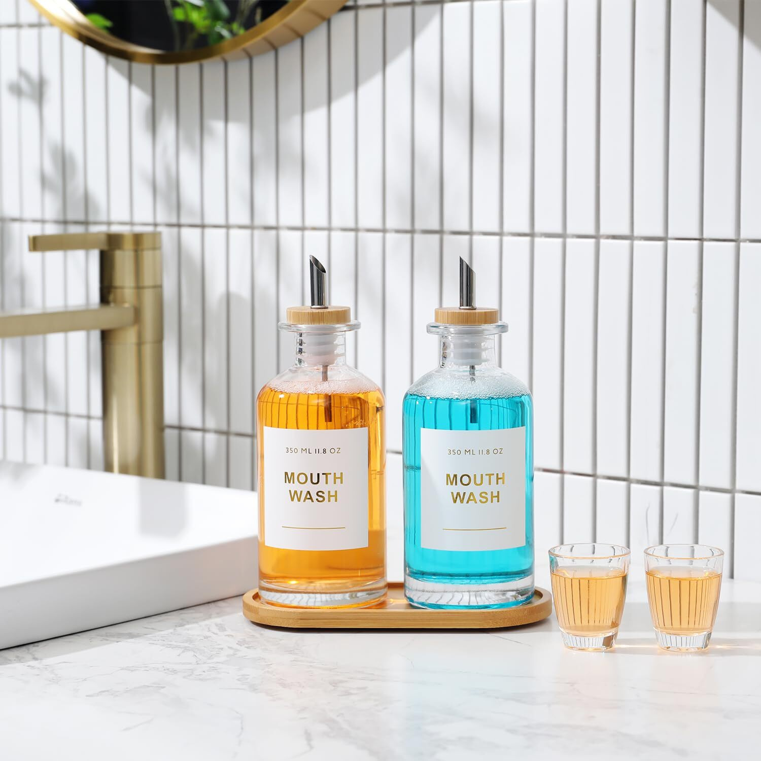 Bonlong 11.8Oz Glass Mouthwash Dispenser For Bathroom With Stainless Steel & Bamboo Nozzle, Mouthwash Cup Reusable, Bamboo Tray, And Elegant Gold Sticker.Set Of 2(Clear