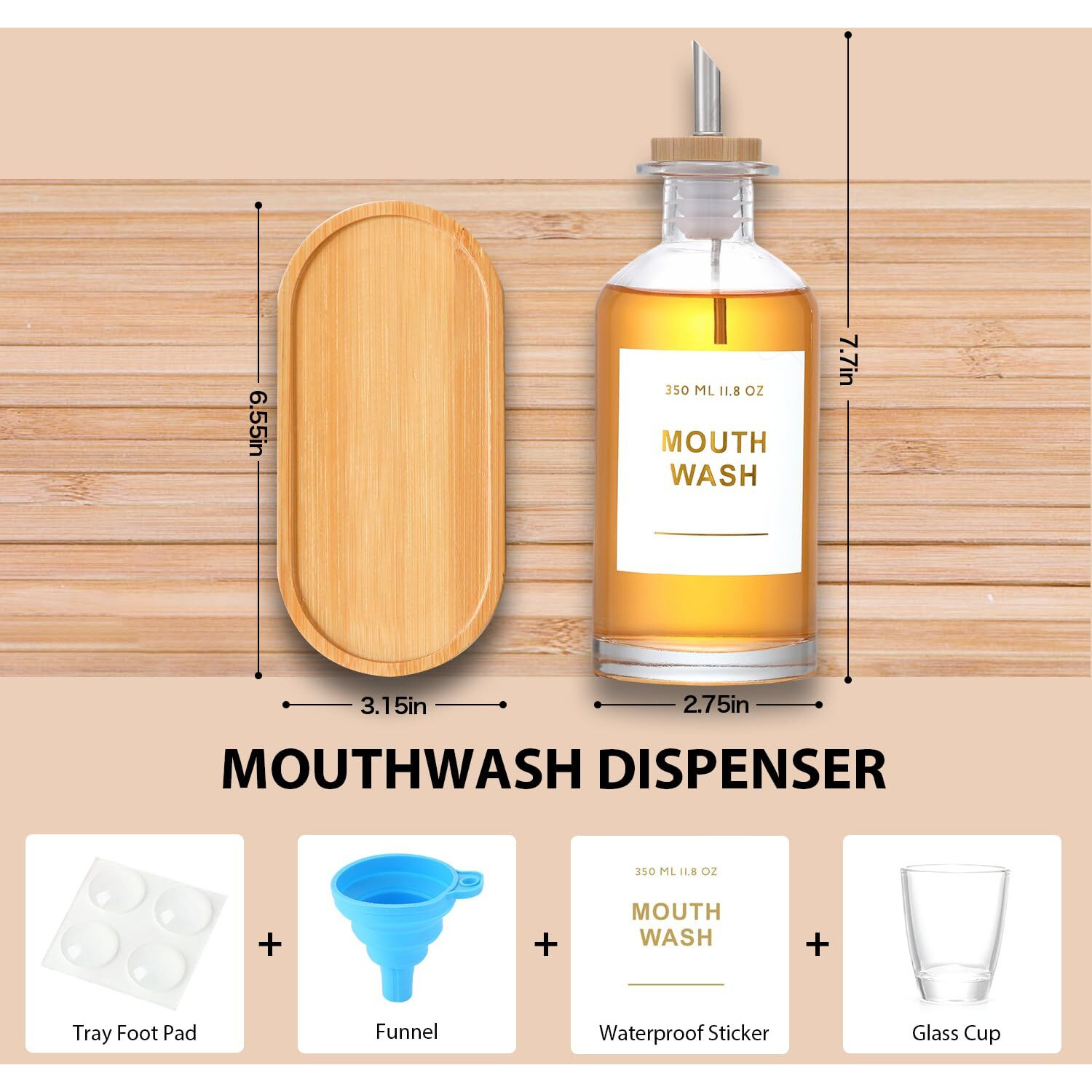 Bonlong 11.8Oz Glass Mouthwash Dispenser For Bathroom With Stainless Steel & Bamboo Nozzle, Mouthwash Cup Reusable, Bamboo Tray, And Elegant Gold Sticker.Set Of 2(Clear