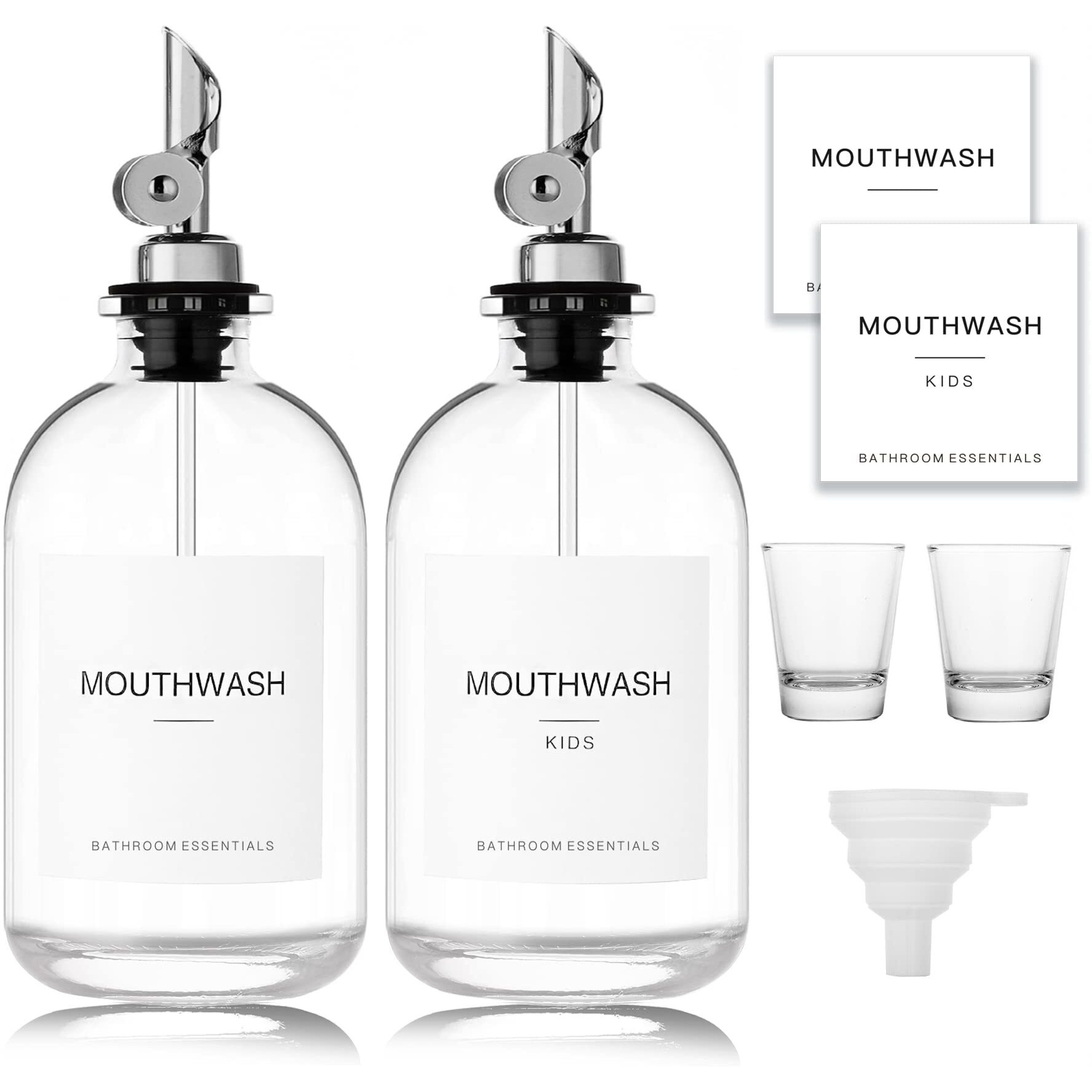 Homefeel Mouthwash Dispenser For Bathroom, 12.7 Oz, 2 Pack - Glass Mouthwash Bottle With 304 Stainless Steel Spout & Minimalist Labels, Style Mouthwash Container, Silver