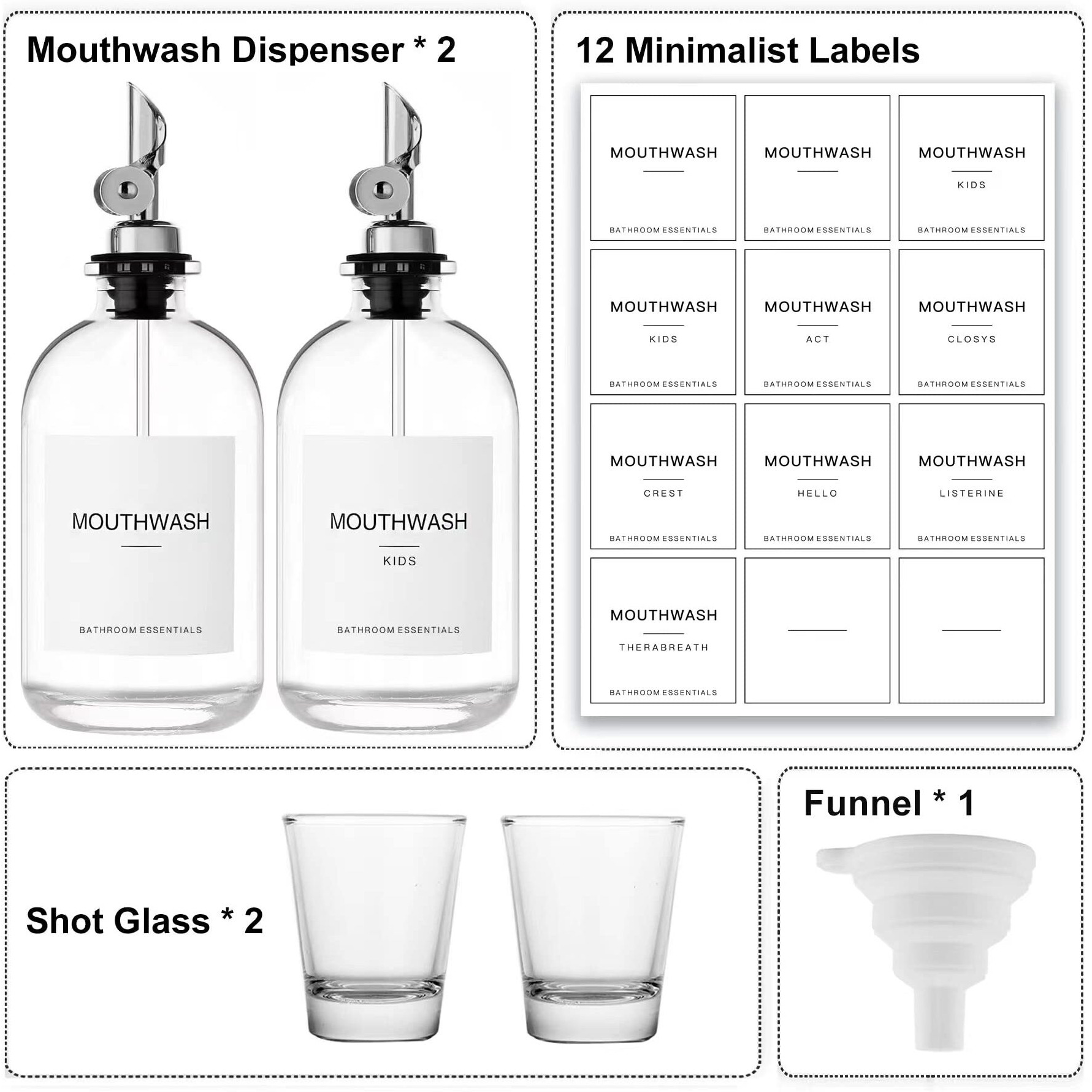 Homefeel Mouthwash Dispenser For Bathroom, 12.7 Oz, 2 Pack - Glass Mouthwash Bottle With 304 Stainless Steel Spout & Minimalist Labels, Style Mouthwash Container, Silver