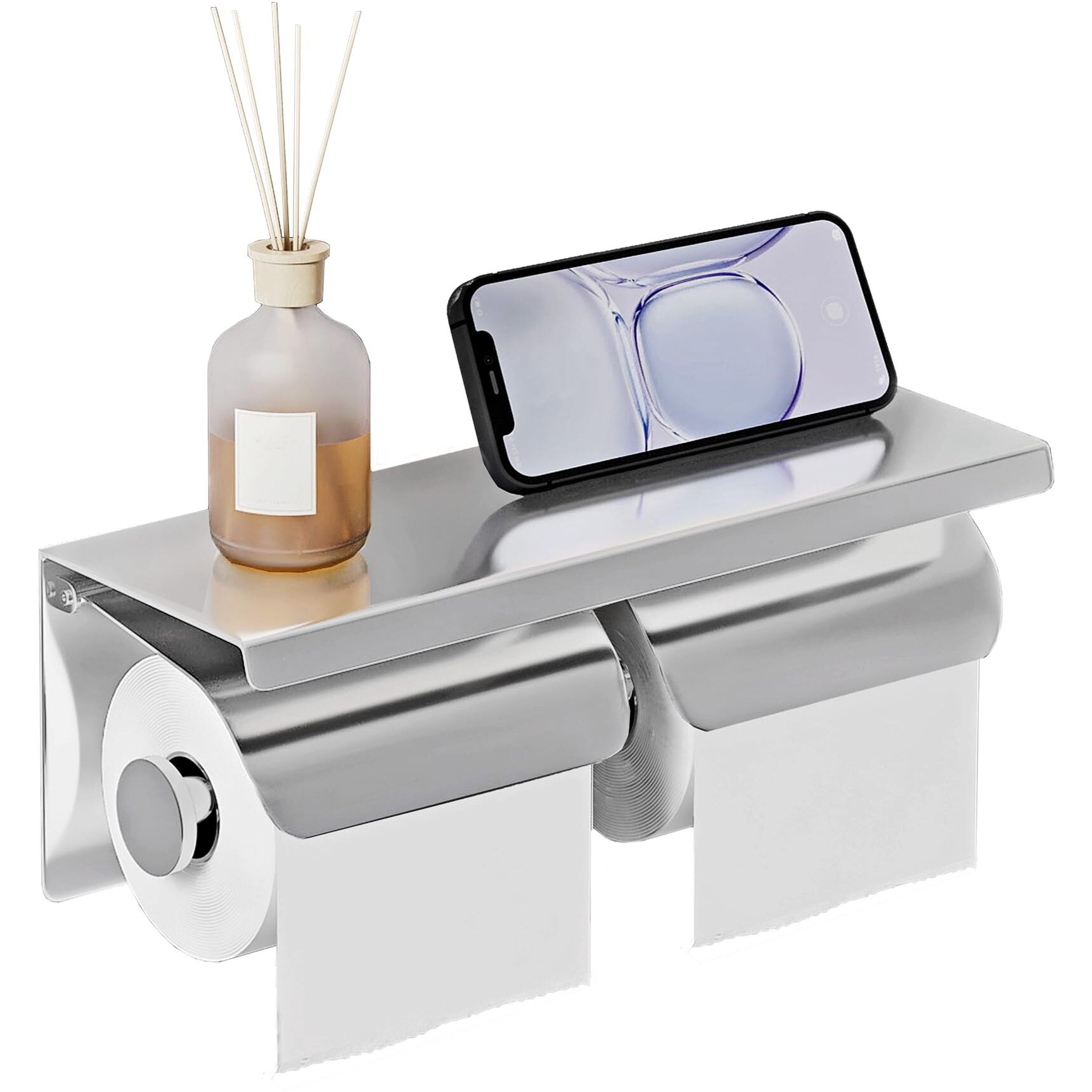 Yeavs Double Toilet Paper Holder-Stainless Steel Tissue Roll Rack With Phone Storage Shelf And Waterproof Cover (Polished Chrome)