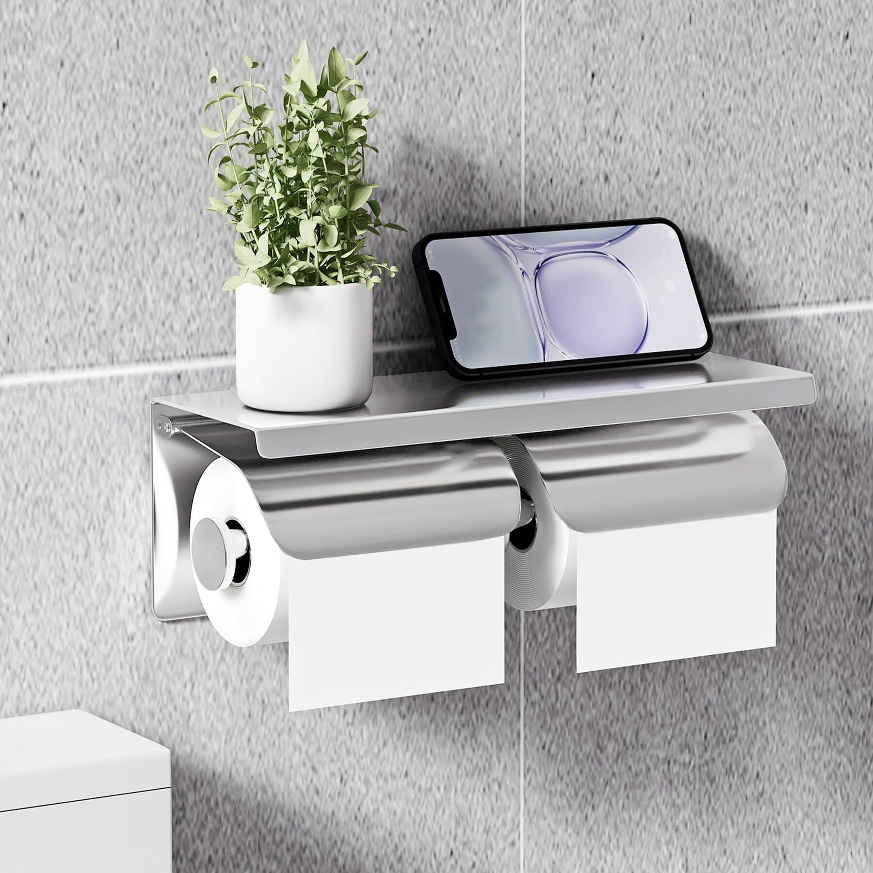 Yeavs Double Toilet Paper Holder-Stainless Steel Tissue Roll Rack With Phone Storage Shelf And Waterproof Cover (Polished Chrome)