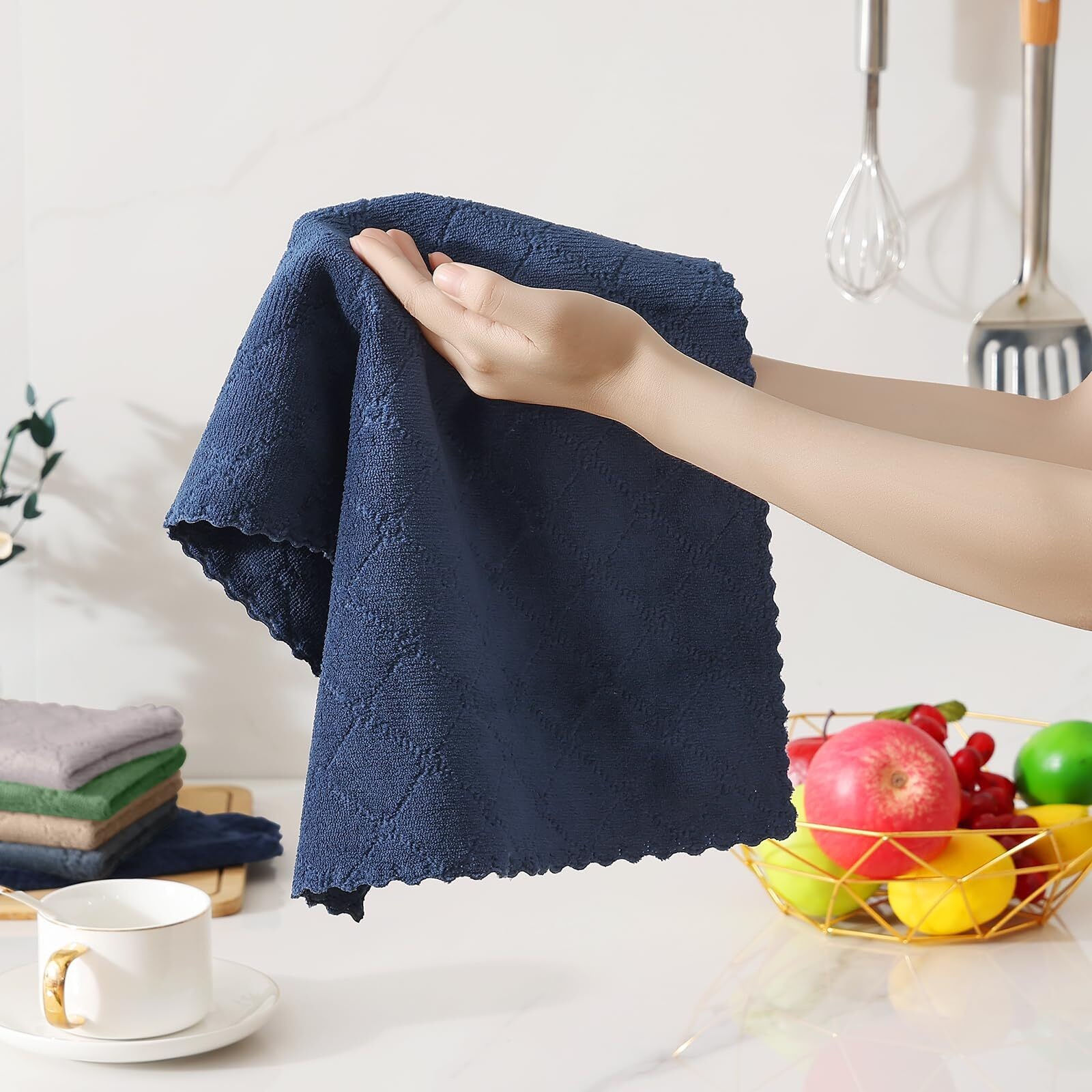 Homaxy Kitchen Towels And Dishcloths Set, 10 X 10 And 13 X 19 Inches, Set Of 12 Super Soft And Absorbent Coral Velvet Kitchen Towels, No Lint And Nonstick Oil Fast Drying Dish Towel, Navy Blue