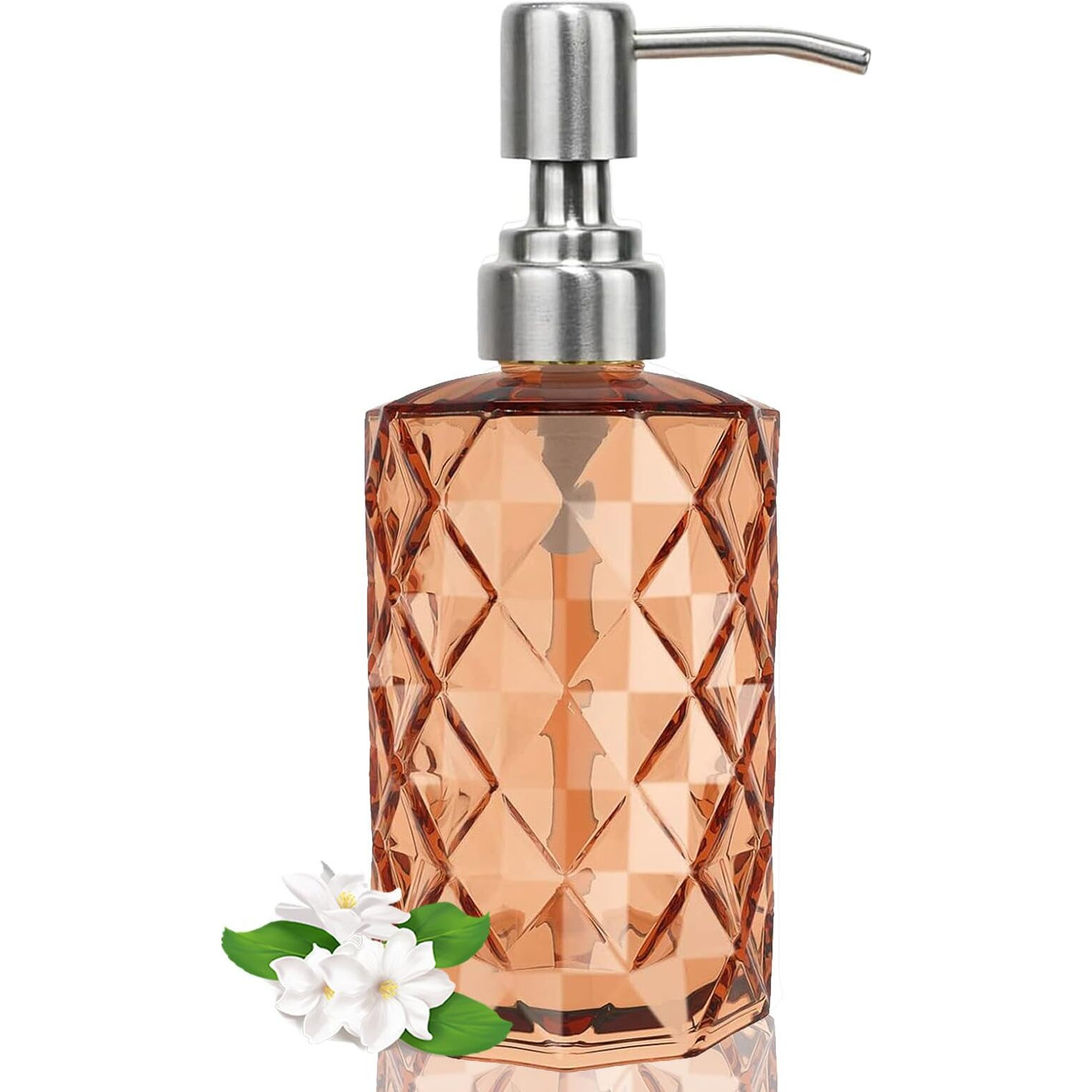 12Oz Amber Glass Soap Dispenser With Stainless Steel Pump, Refillable Kitchen Liquid Hand Soap Dispenser With Diamond Design, For Dispense Hand Soap, Dish Soap, Lotion, Bathroom, Countertop, Hotel