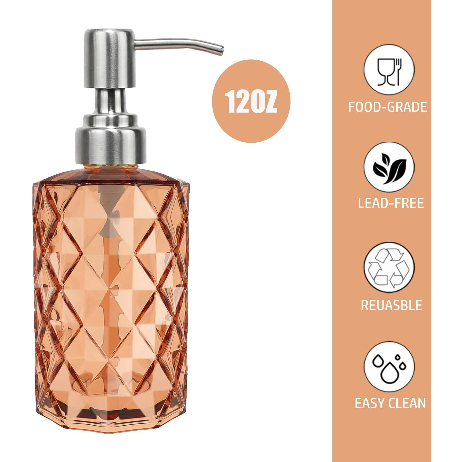 12Oz Amber Glass Soap Dispenser With Stainless Steel Pump, Refillable Kitchen Liquid Hand Soap Dispenser With Diamond Design, For Dispense Hand Soap, Dish Soap, Lotion, Bathroom, Countertop, Hotel