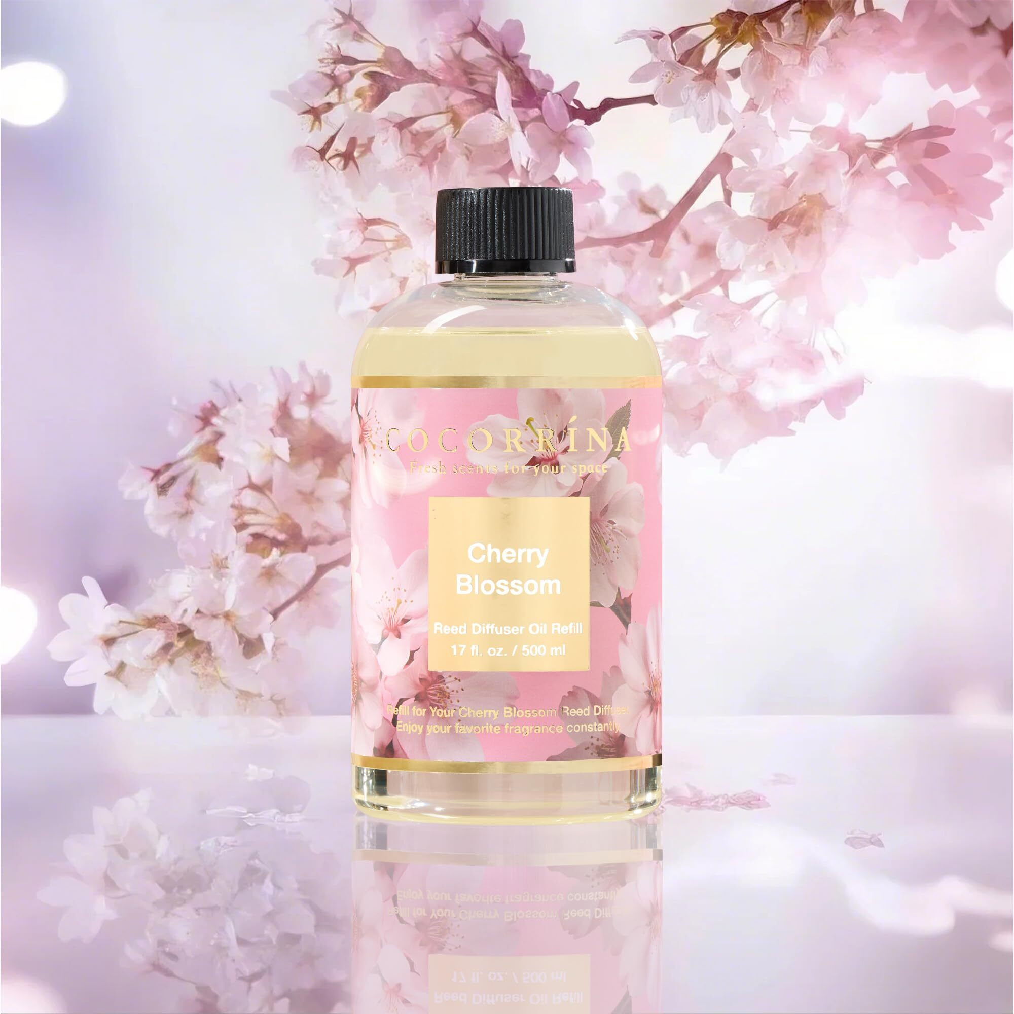 Cocorr  Na Reed Diffuser Oil Refill Cherry Blossom 17Oz (500Ml) With 8 Sticks - Premium Long-Lasting Floral Essential Oil, Home Fragrance For Bedroom, Bathroom Home Decor