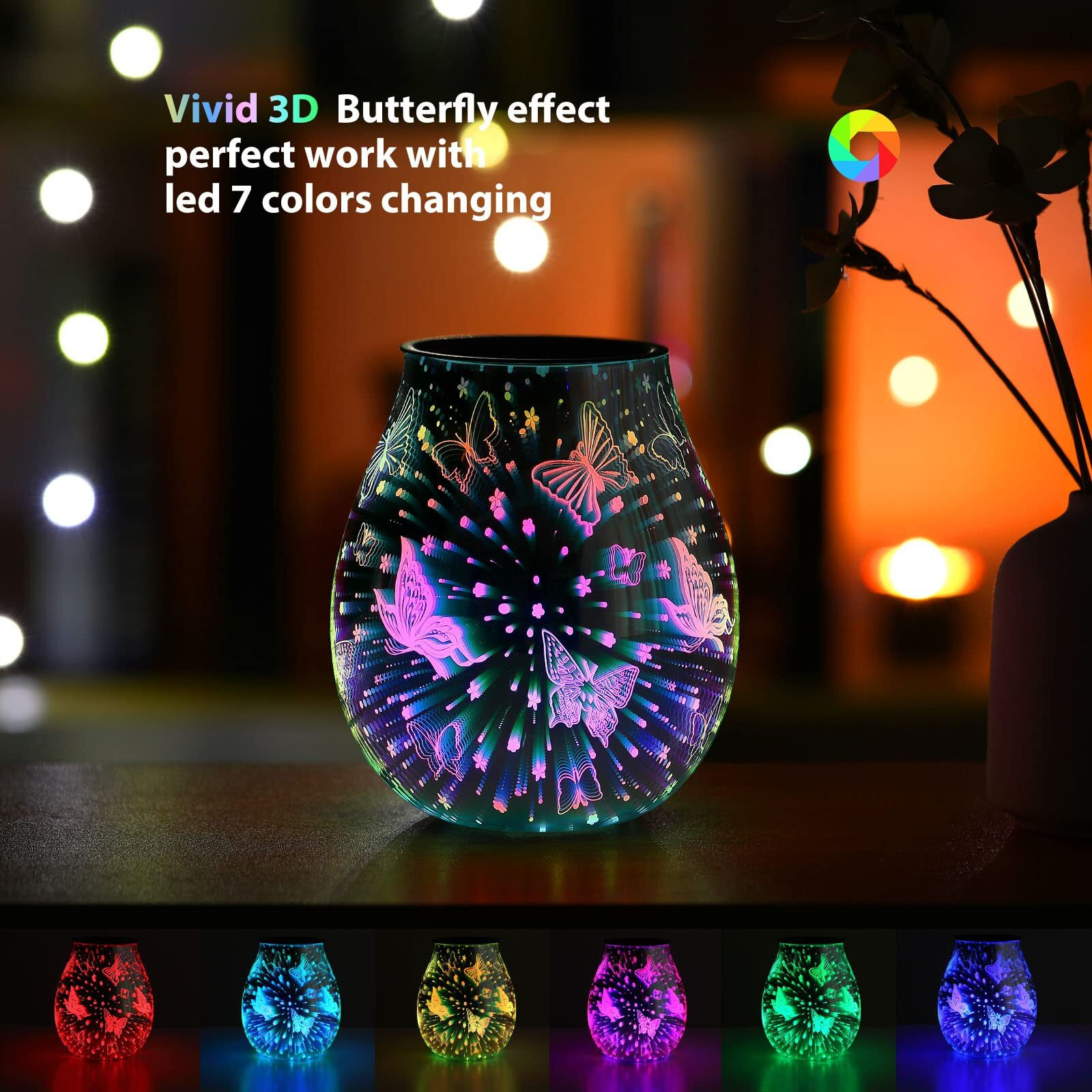 Inrorans Electric Wax Melt Oil Burner Warmer Scent 3D Butterfly 7 Led Colour Changing Night Light Lamp For Kitchen Bathroom Living Room Office Decor