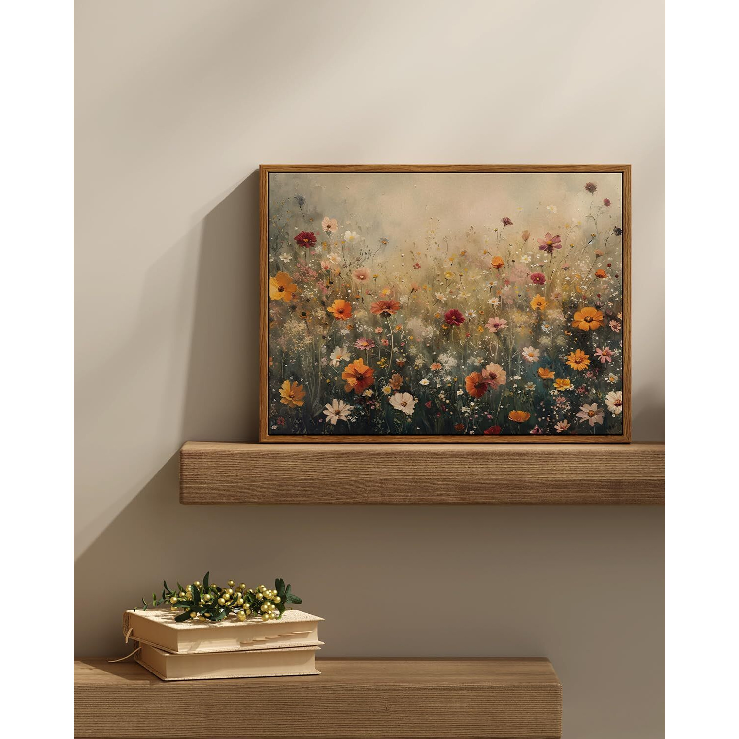 Insimsea Framed Canvas Wall Art Vintage Decor, Wall Decor For Living Room Bedroom Office Bathroom, Nature Landscape Flower Wildflower Oil Painting Prints, Home Desk Decorations, 12X16Inch