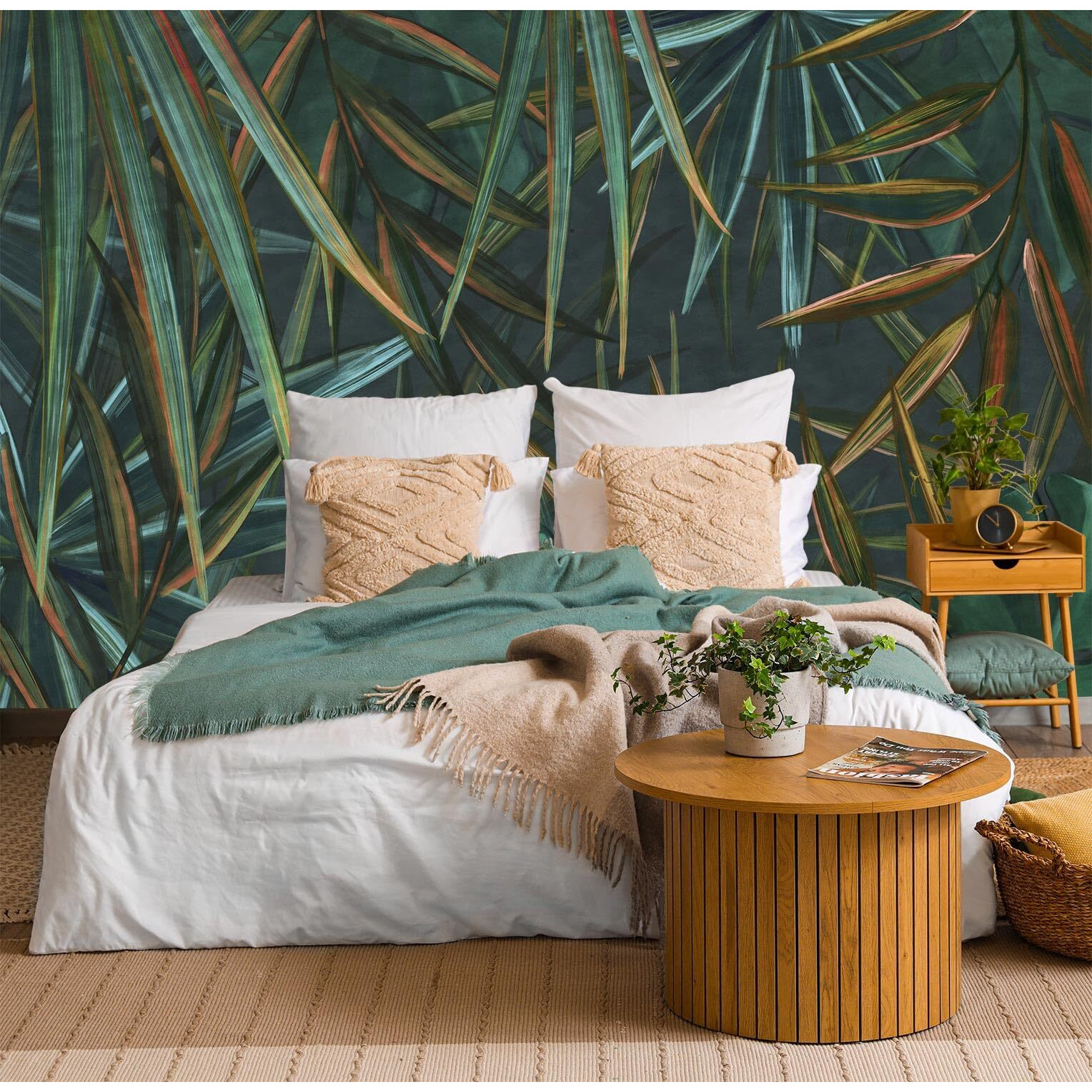 Wfbhua - Dark Tropical Palm Leaf Wallpaper Mural Oil Painting Style Abstract Leaves Wall Mural (Not Peel And Stick)