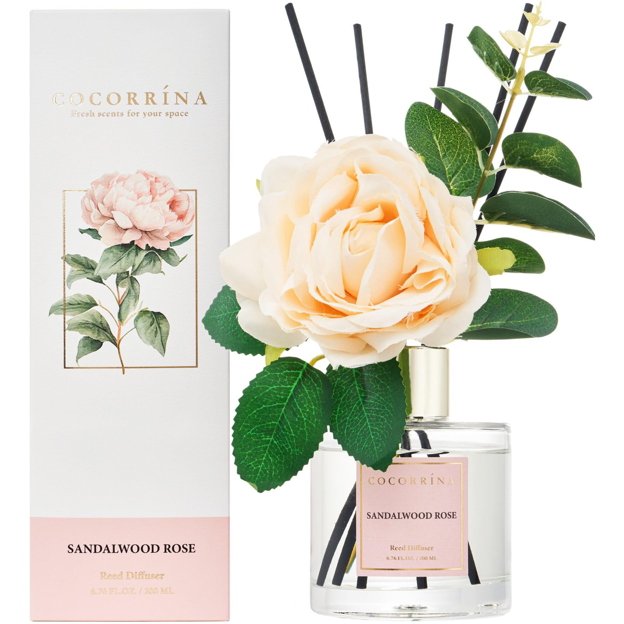 Cocorrina Reed Diffuser Set, Flower Reed Diffuser Sandalwood Rose 6.7 Oz, Scented Diffuser With Sticks Home Fragrance Essential Oil For Bathroom Shelf Decor, Living Room, Large Room, 1Pack